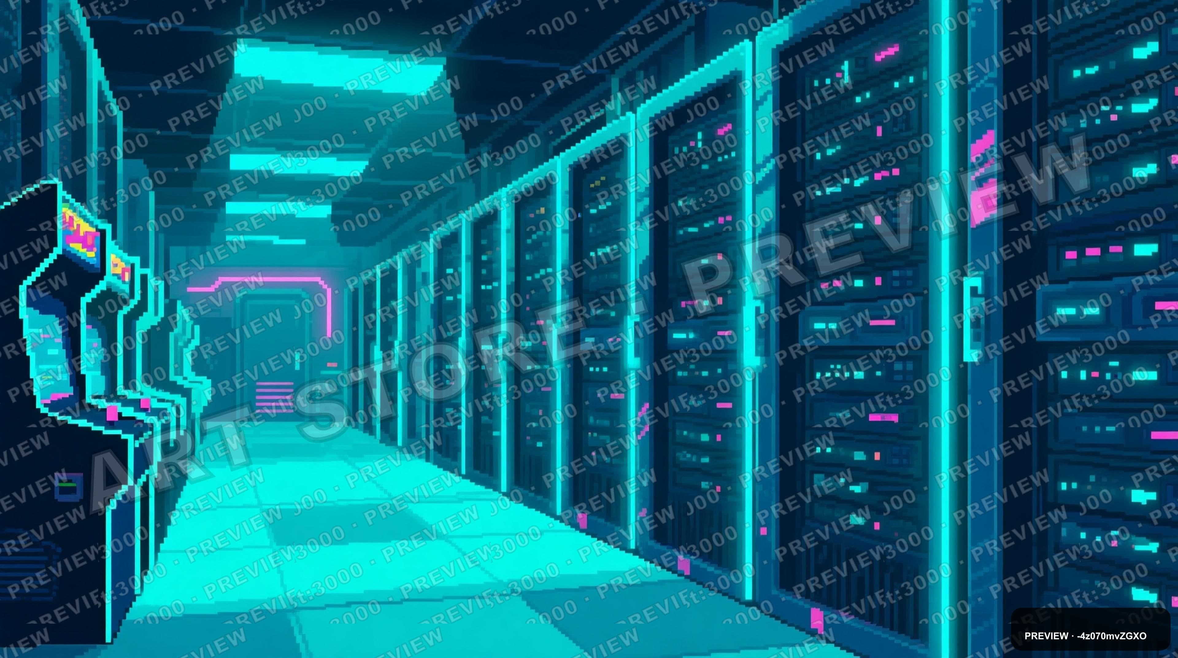Data Center, Retro Arcade aesthetic, Cel Shaded, Serene mood, Neon Cyan accen... — wallpaper — 3840×2144, Neon, Cinematic, Serene