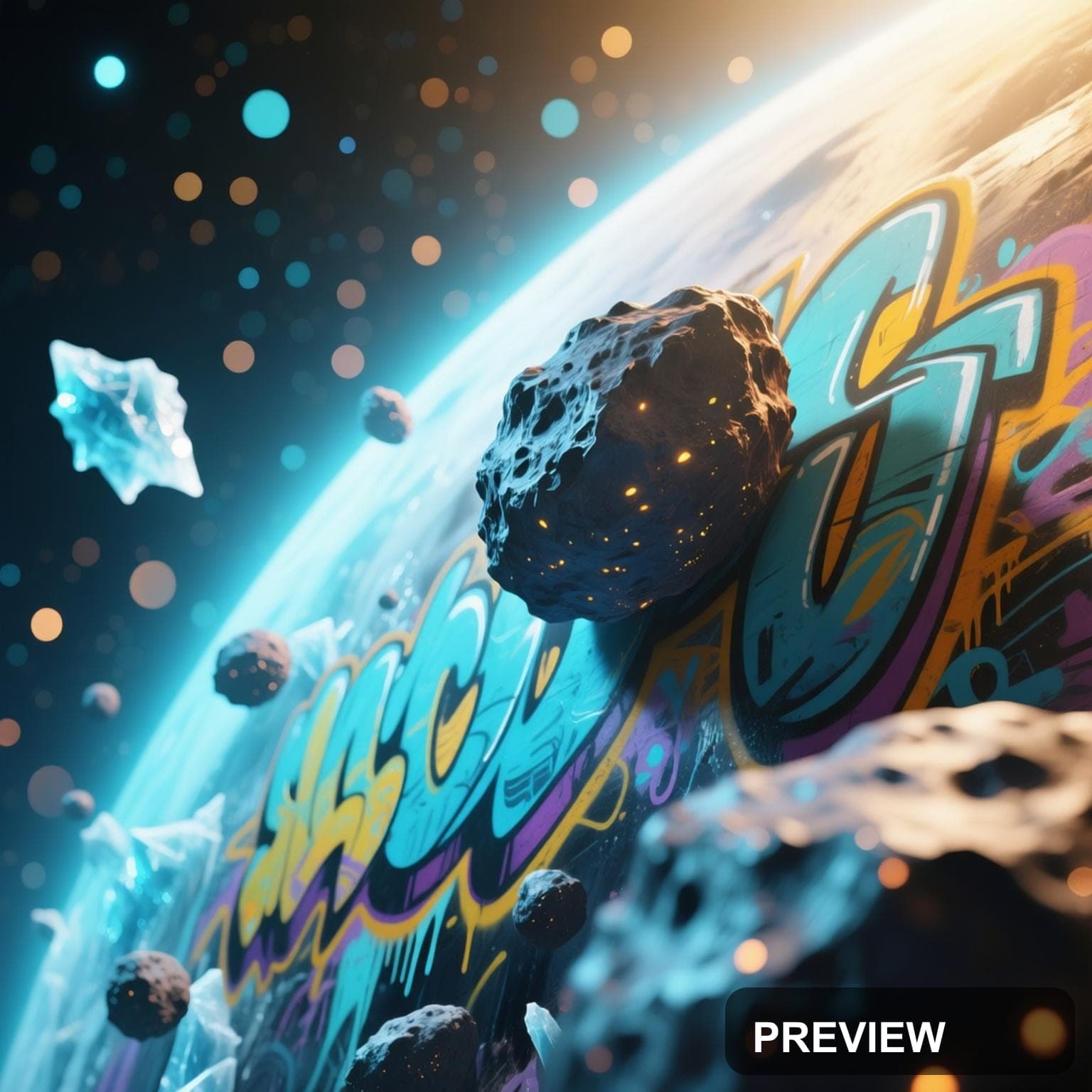 Asteroids, Bright aesthetic, Graffiti, Futuristic mood, Ice Tones accents, Bo... — wallpaper — 1536×1536, Space, Cinematic, Bright