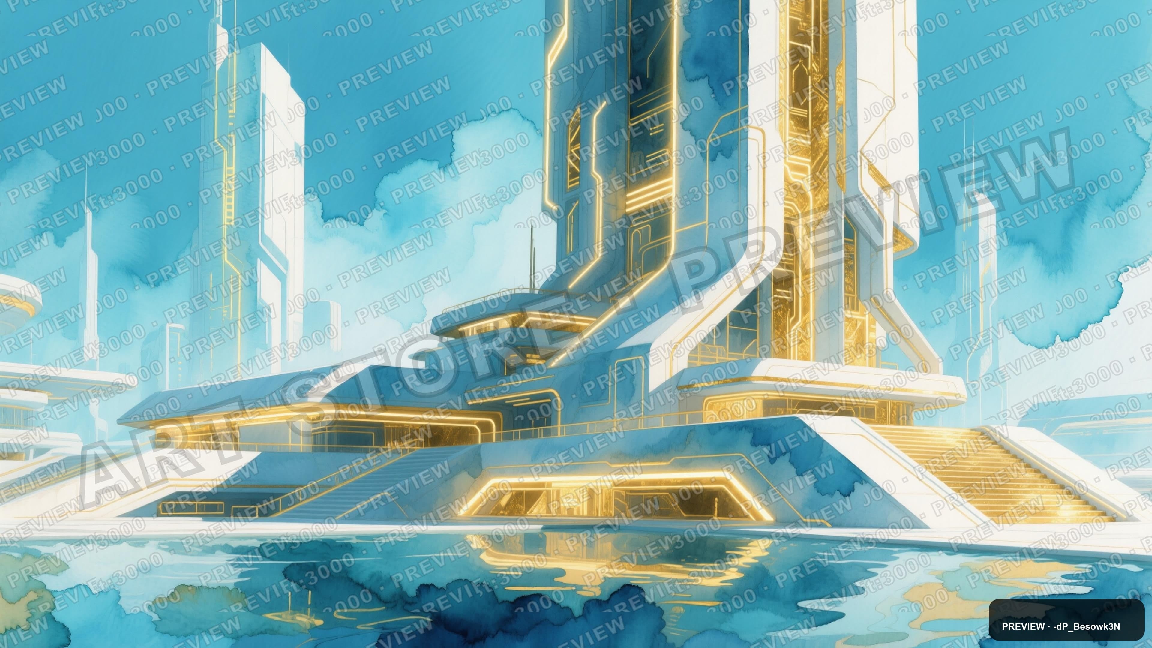 Futuristic Architecture, Synthwave aesthetic, Watercolor, Serene mood, Gold a... — wallpaper — 3840×2160, Neon, Cinematic, Serene