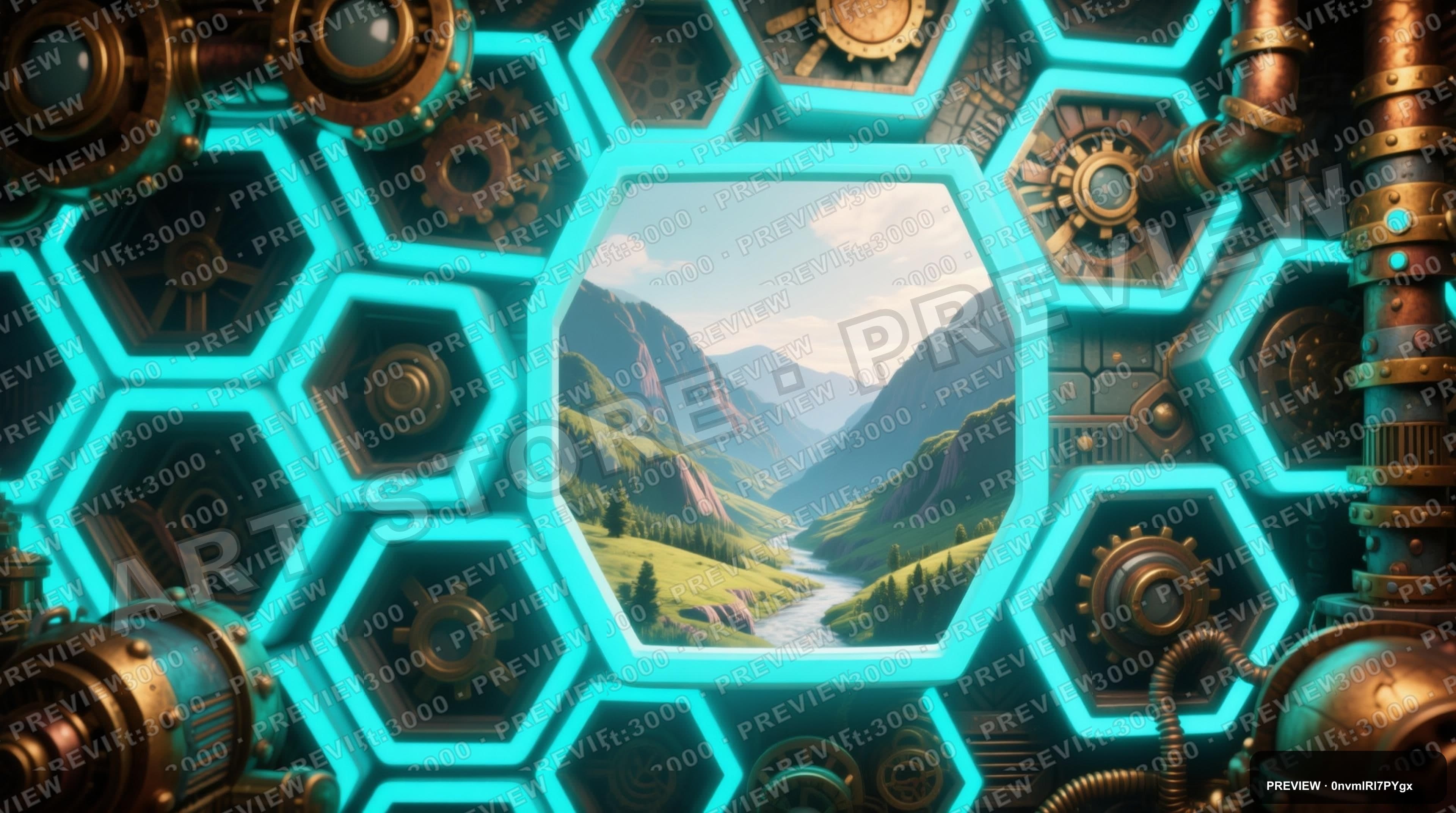 Valley, Steampunk aesthetic, CRT, Playful mood, Neon Cyan accents, Hexagons p... — wallpaper — 3840×2144, Neon, Cinematic, Soft