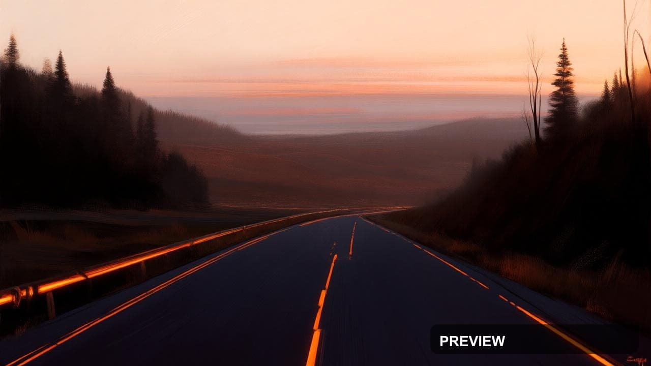 Highway, Naturecore aesthetic, Oil Painting, Epic mood, Neon Orange accents, ... — wallpaper — 1280×720, Neon, Cinematic, Soft