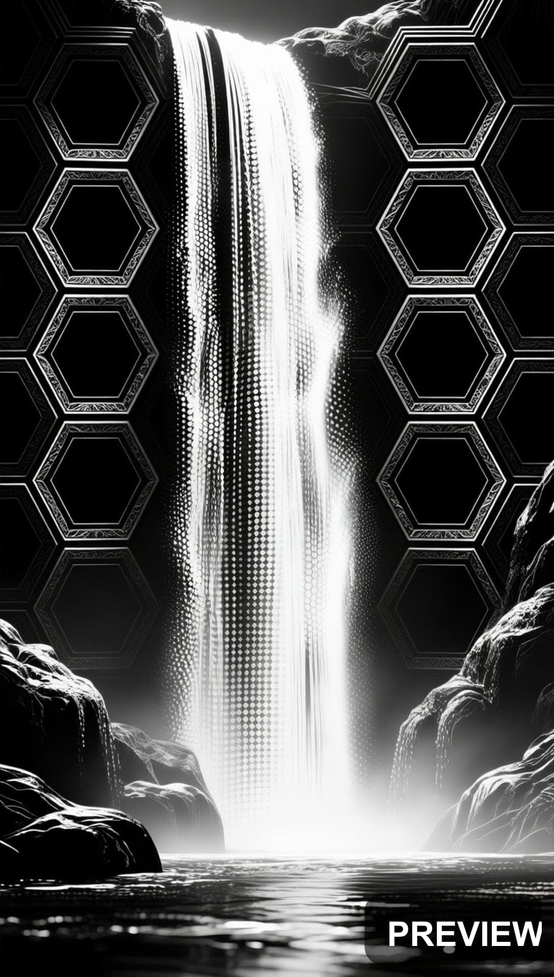 Waterfall, Mythic aesthetic, Dithered, Luxurious mood, Monochrome accents, He... — wallpaper — 1088×1920, Space, Cinematic, Soft