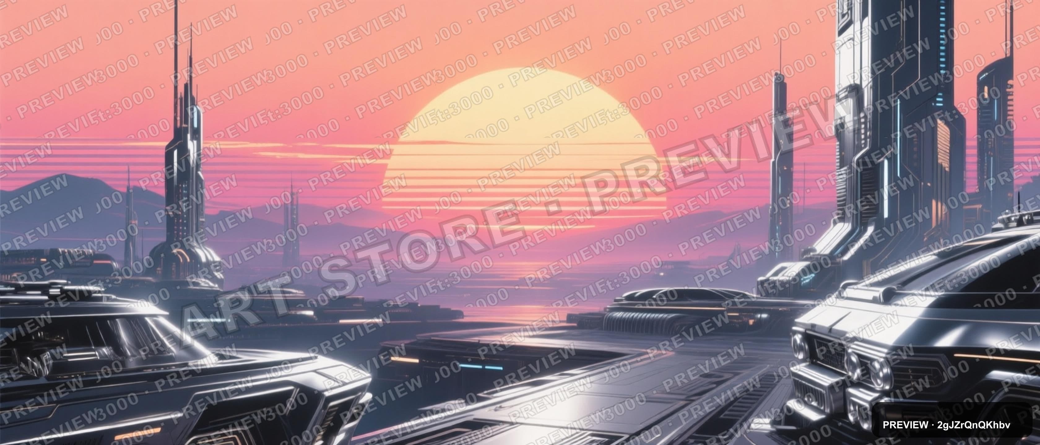 Sunset, Solarpunk aesthetic, Screen Print, Luxurious mood, Silver accents, 80... — wallpaper — 3360×1440, Space, Cinematic, Soft