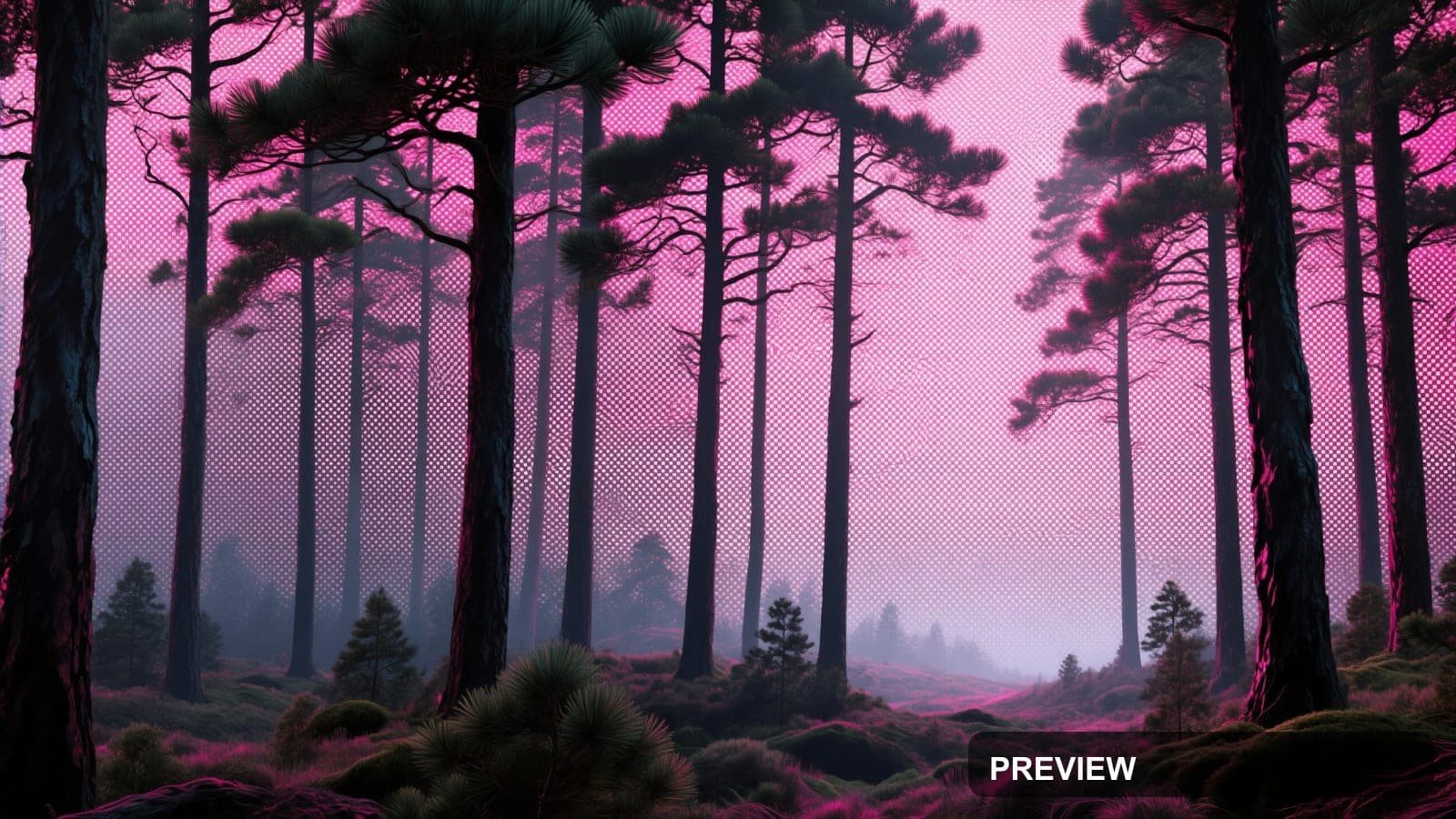 Pine Forest, Dreamcore aesthetic, Dithered, Meditative mood, Fuchsia accents,... — wallpaper — 3840×2160, Space, Cinematic, Soft