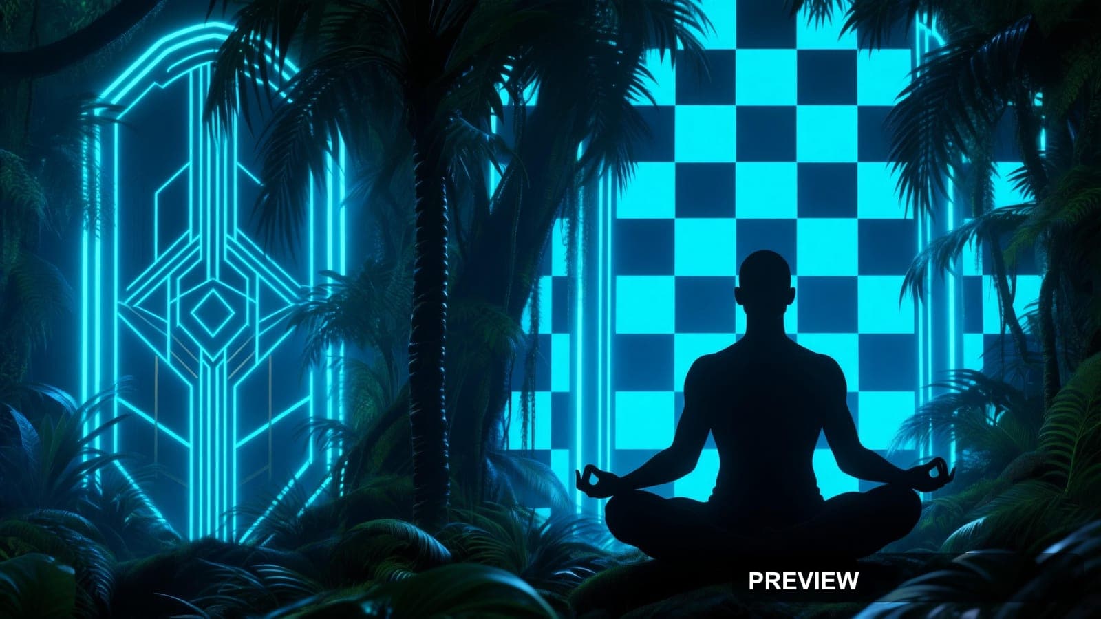 Jungle, Spacepunk aesthetic, Silhouette, Meditative mood, Neon Blue accents, ... — wallpaper — 3840×2160, Neon, Cinematic, Meditative