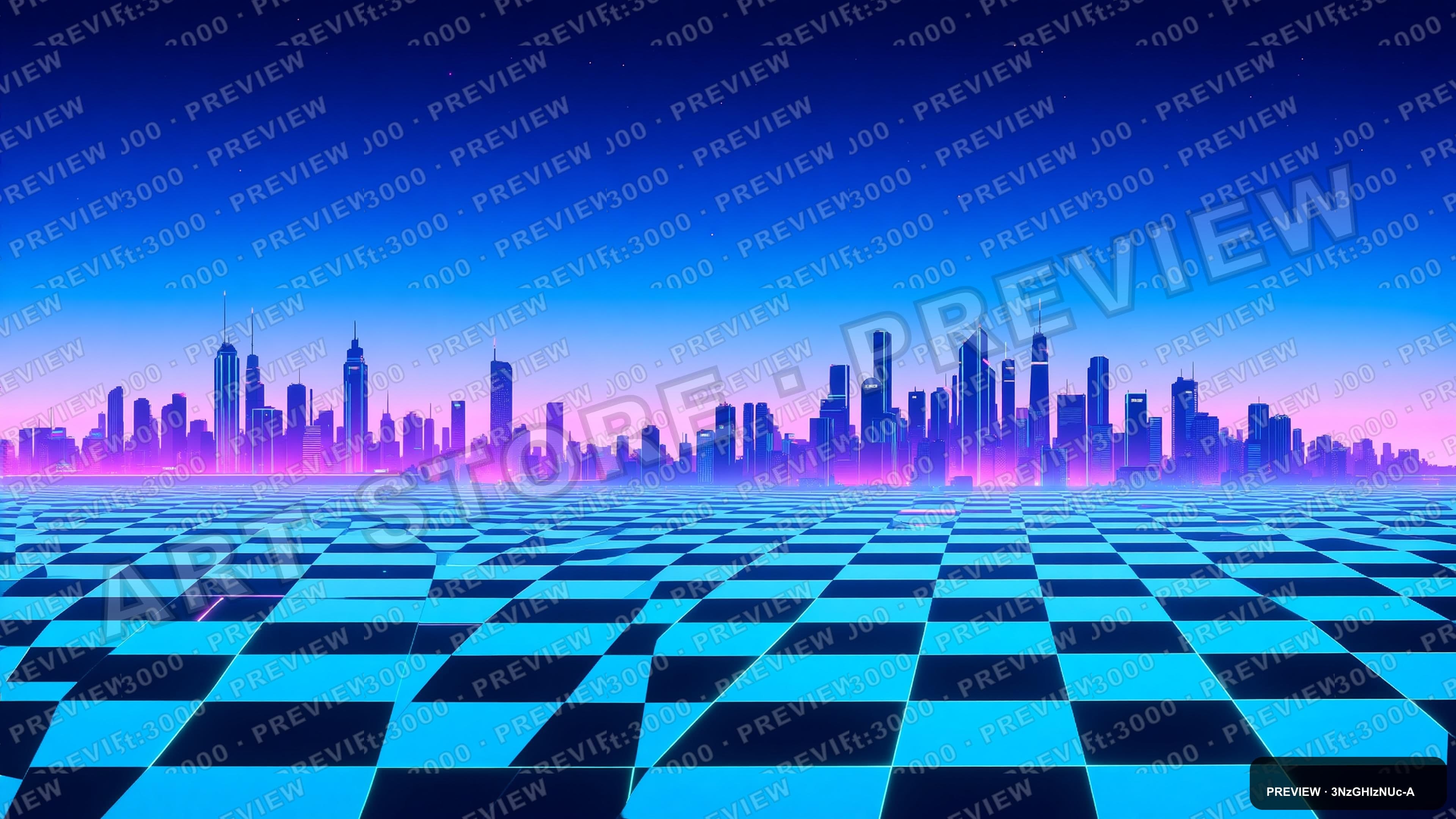 Skyline, Synthwave aesthetic, Retro Poster, Soft mood, Blue accents, Checkerb... — wallpaper — 3840×2160, Neon, Cinematic, Soft