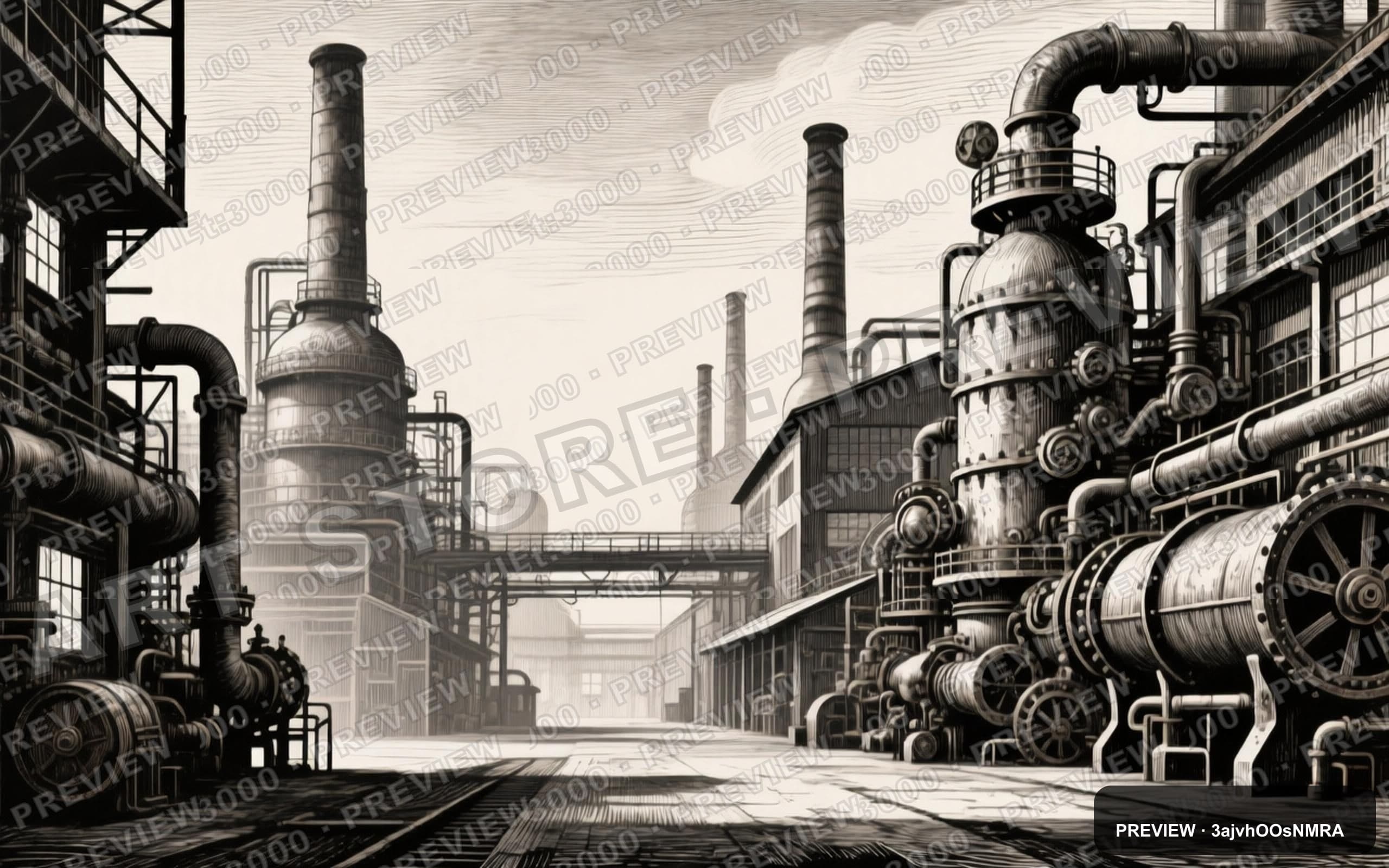 Industrial Factory, Steampunk aesthetic, Etching, Calm mood, Duotone accents,... — wallpaper — 2560×1600, Space, Cinematic, Calm