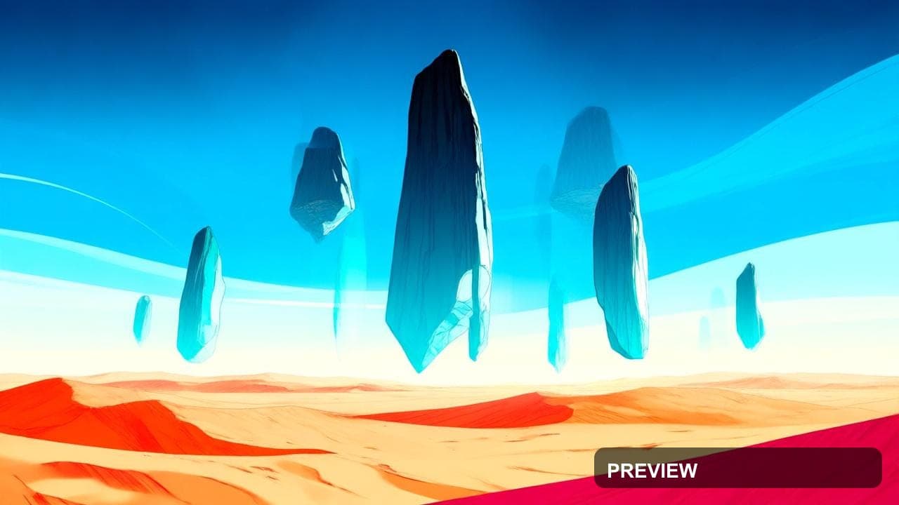 a surreal desert with floating monoliths, stylized illustration, clean shapes... — wallpaper — 1280×720, Naturecore, Stylized Illustration, Bold