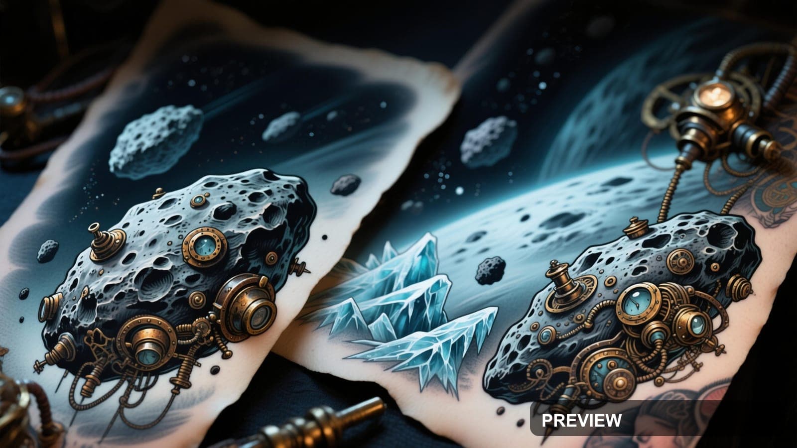 Asteroids, Steampunk aesthetic, Tattoo Flash, Moody mood, Ice Tones accents, ... — wallpaper — 3840×2160, Space, Cinematic, Moody