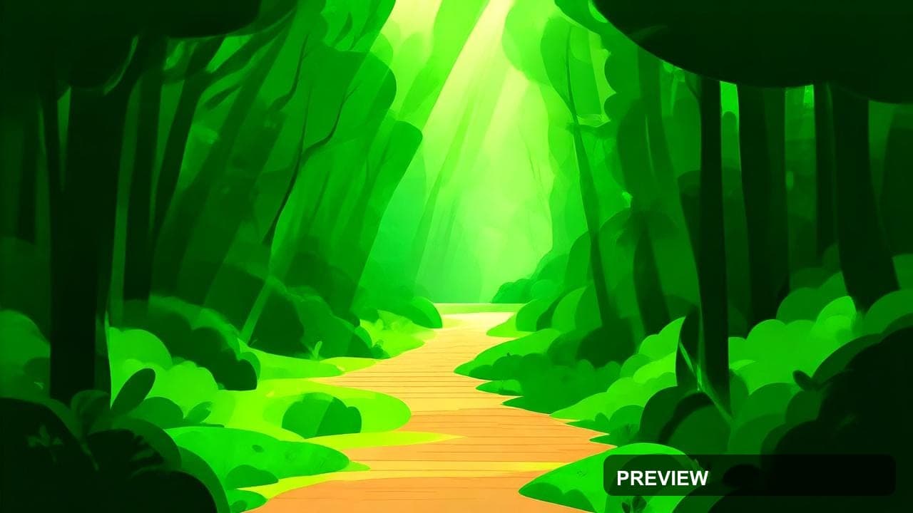 a lush forest path with volumetric light, stylized illustration, clean shapes... — wallpaper — 1280×720, Naturecore, Stylized Illustration, Bold