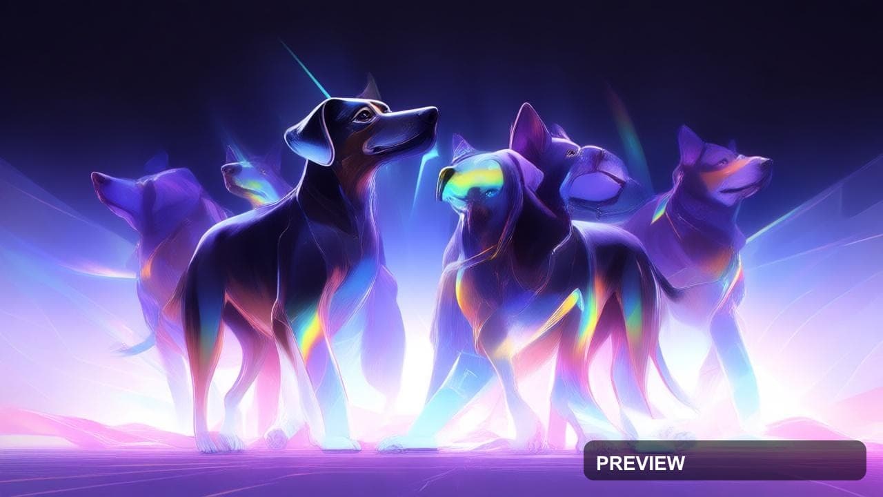 Dogs, Futuristic aesthetic, Stylized Illustration, Epic mood, Rainbow accents... — wallpaper — 1280×720, Space, Cinematic, Soft