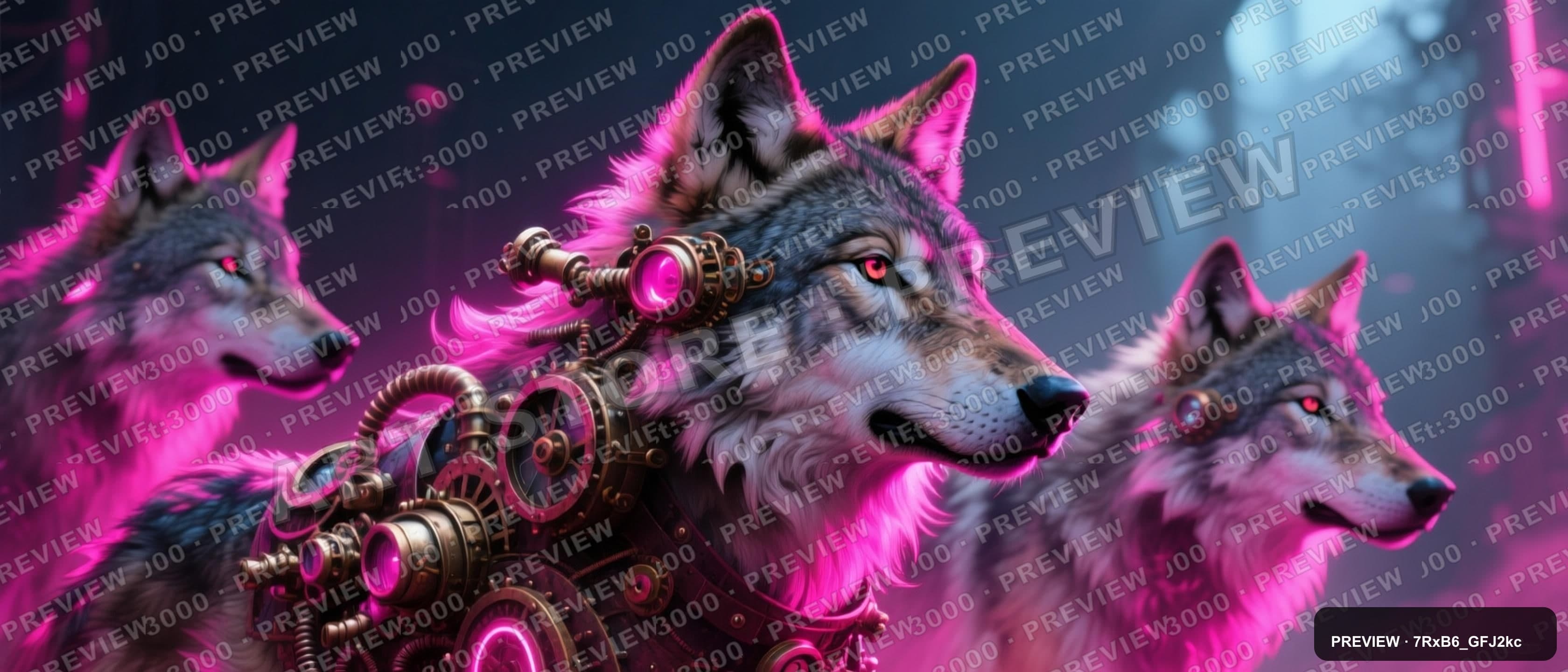 Wolves, Steampunk aesthetic, Concept Art, Energetic mood, Neon Magenta accent... — wallpaper — 3360×1440, Neon, Cinematic, Energetic