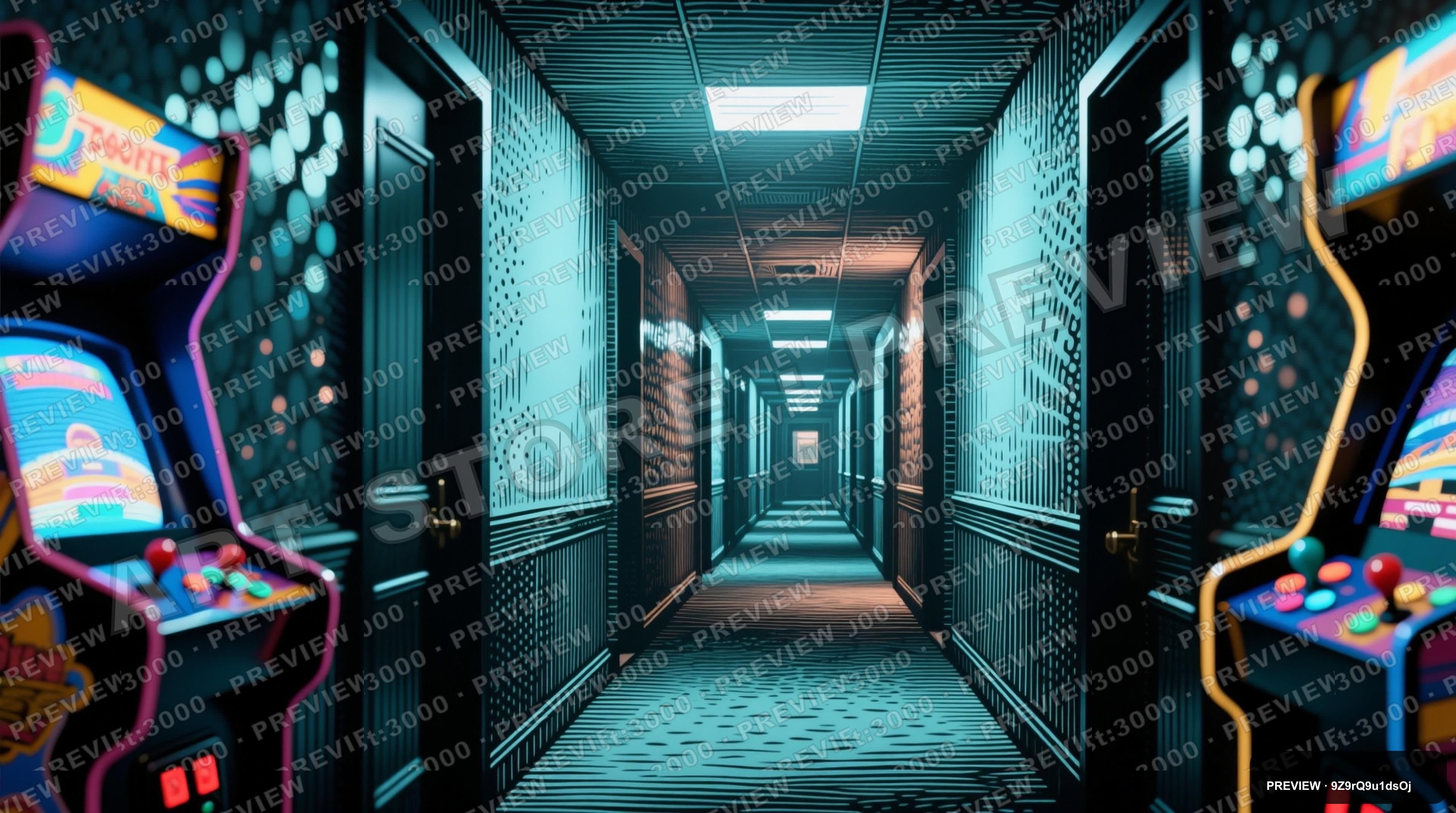 Arcade Hallway, Maximal aesthetic, Etching, Nostalgic mood, Cool Palette acce... — wallpaper — 3840×2144, Retro Arcade, Cinematic, Soft