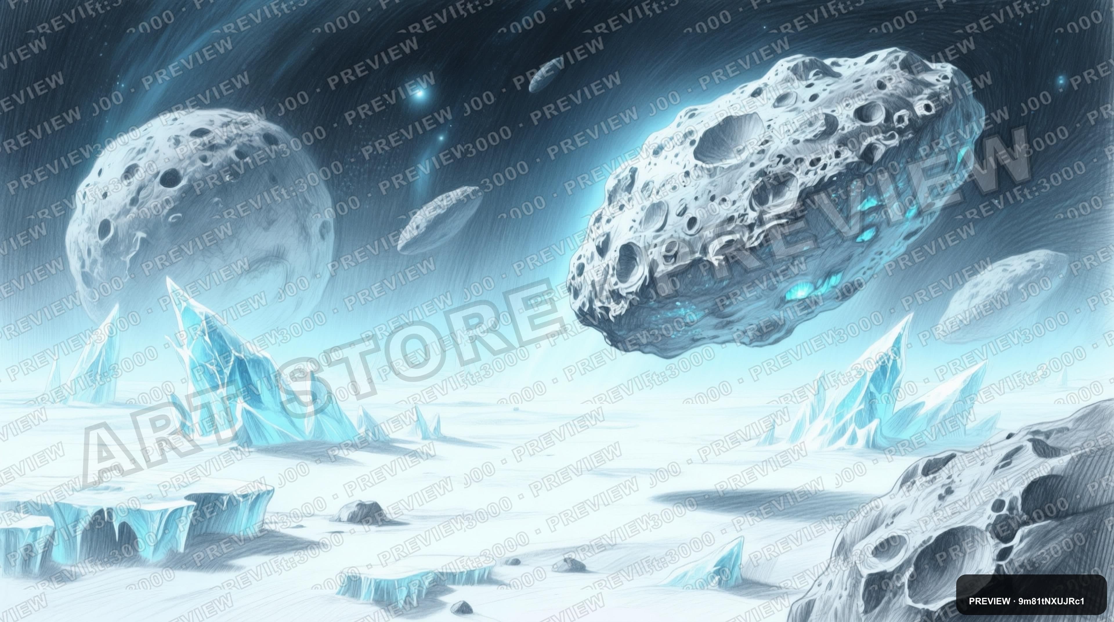 Asteroids, Dreamcore aesthetic, Pencil Sketch, Meditative mood, Ice Tones acc... — wallpaper — 3840×2144, Space, Cinematic, Soft