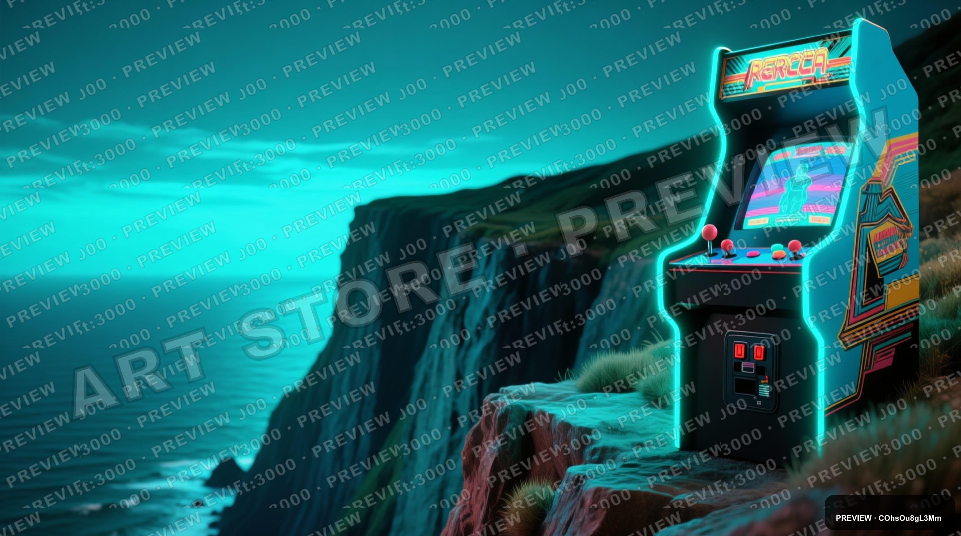 Cliffside, Retro Arcade aesthetic, Retro Poster, Cozy mood, Neon Cyan accents... — wallpaper — 3840×2144, Neon, Cinematic, Cozy
