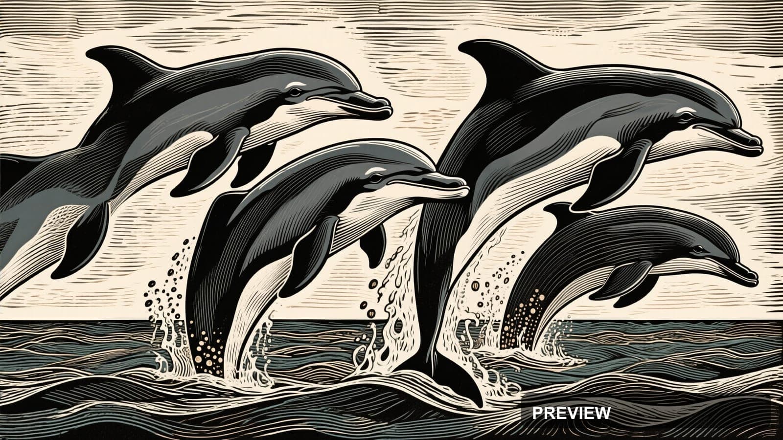 Dolphins, Steampunk aesthetic, Woodcut, Serene mood, Tri-tone accents, Retro ... — wallpaper — 3840×2160, Space, Cinematic, Serene