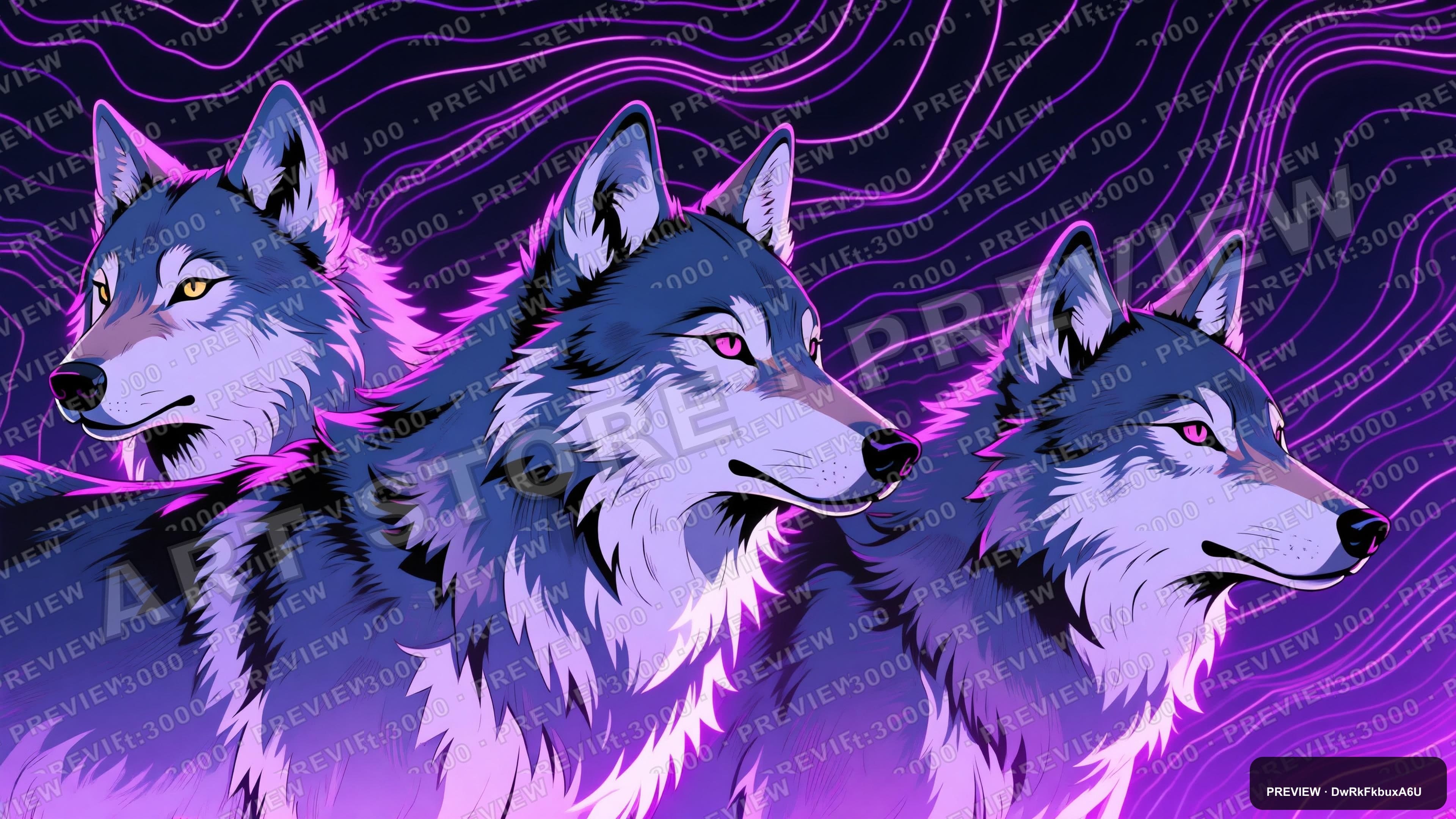 Wolves, Retro Arcade aesthetic, Manga, Serene mood, Neon Purple accents, Topo... — wallpaper — 3840×2160, Neon, Cinematic, Serene