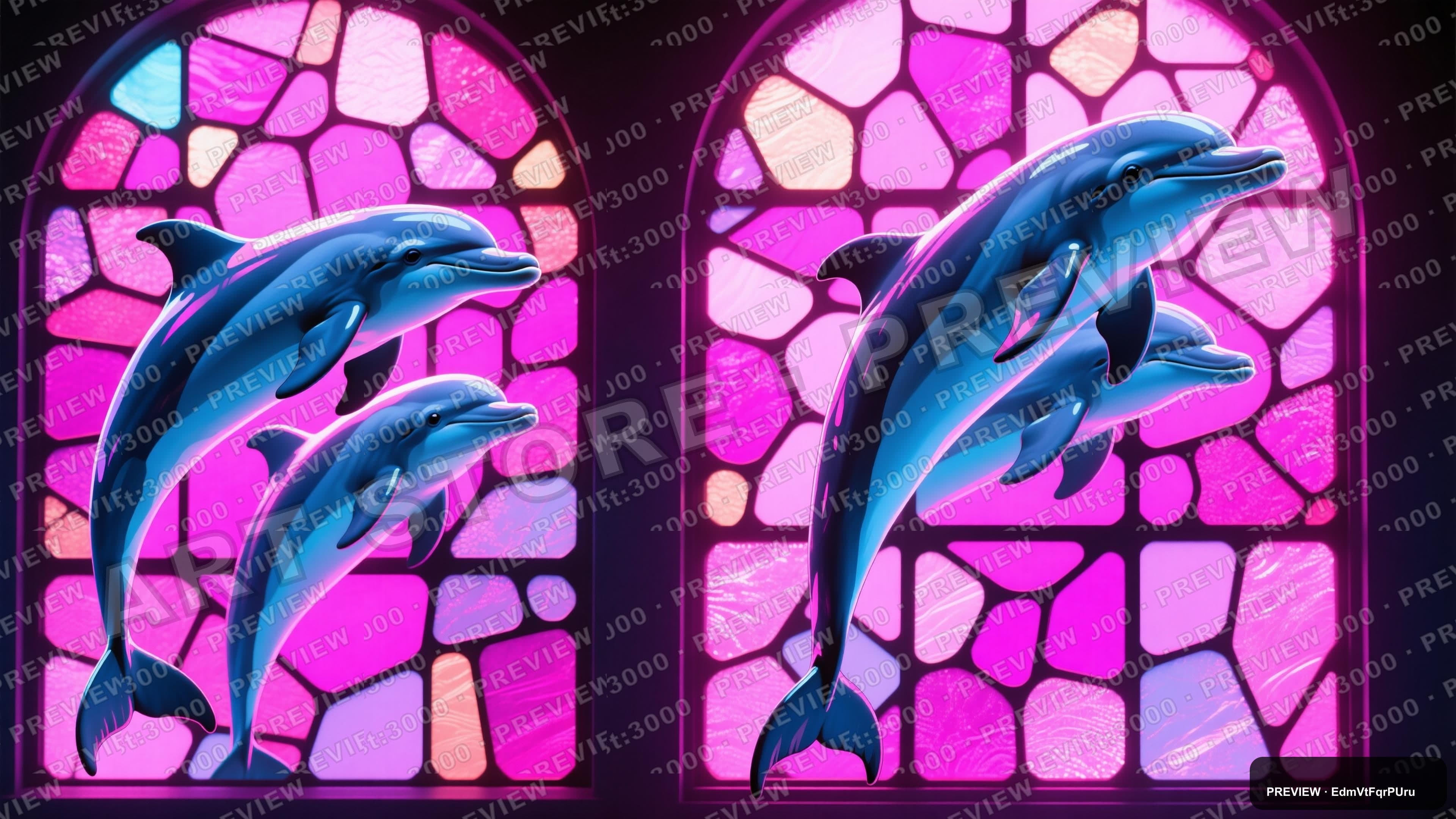 Dolphins, Synthwave aesthetic, Stained Glass, Bright mood, Magenta accents, 7... — wallpaper — 3840×2160, Neon, Cinematic, Bright