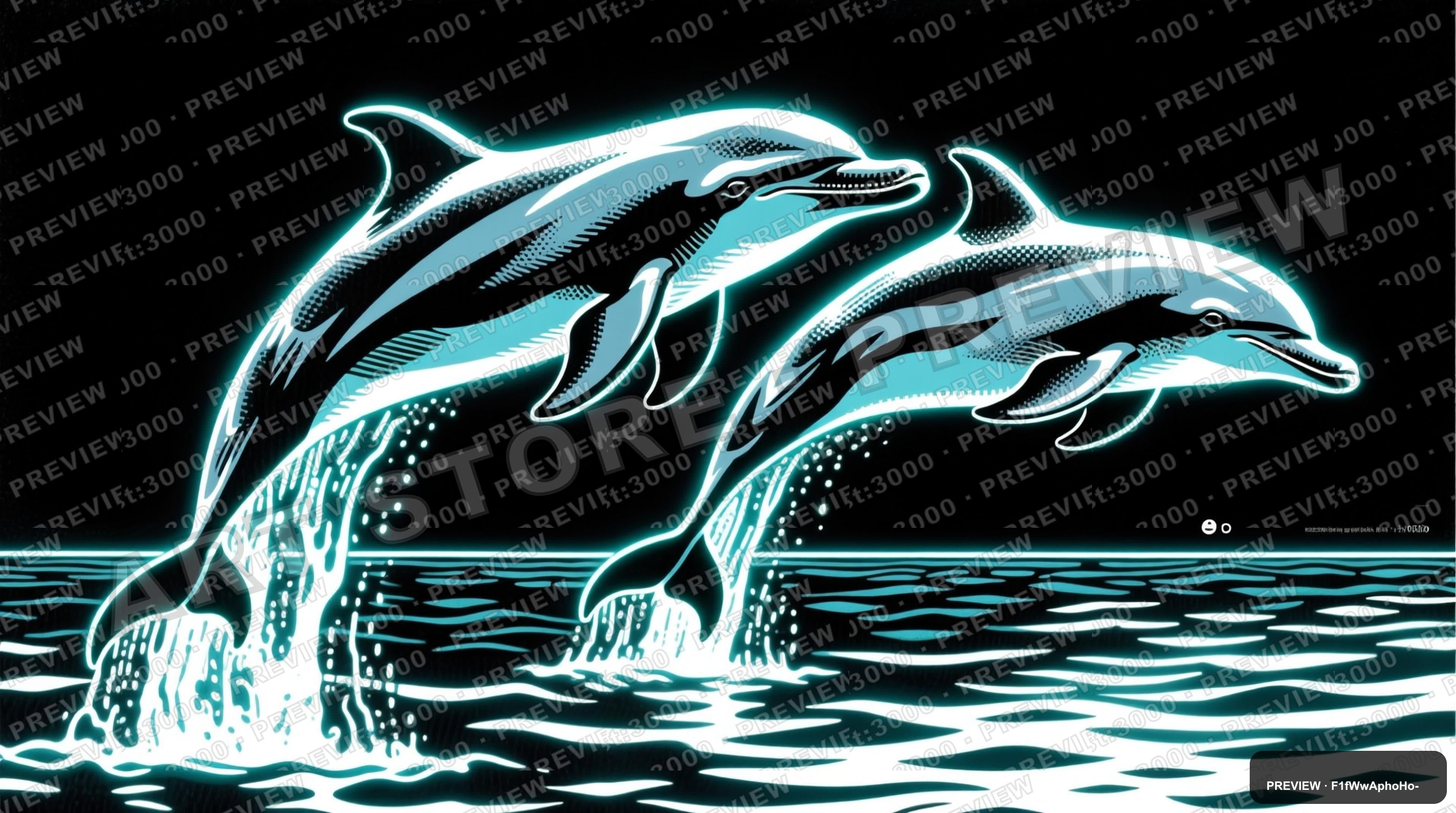 Dolphins, Neon aesthetic, Risograph, Serene mood, Silver accents, ultra clean... — wallpaper — 3840×2144, Neon, Cinematic, Serene