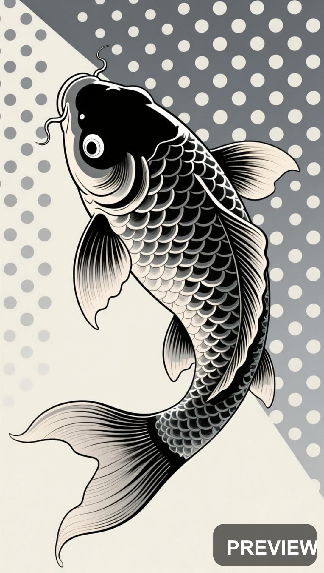 Koi Fish, Retro Futurism aesthetic, Graphic Novel, Serene mood, Gray accents,... — wallpaper — 1088×1920, Space, Cinematic, Serene