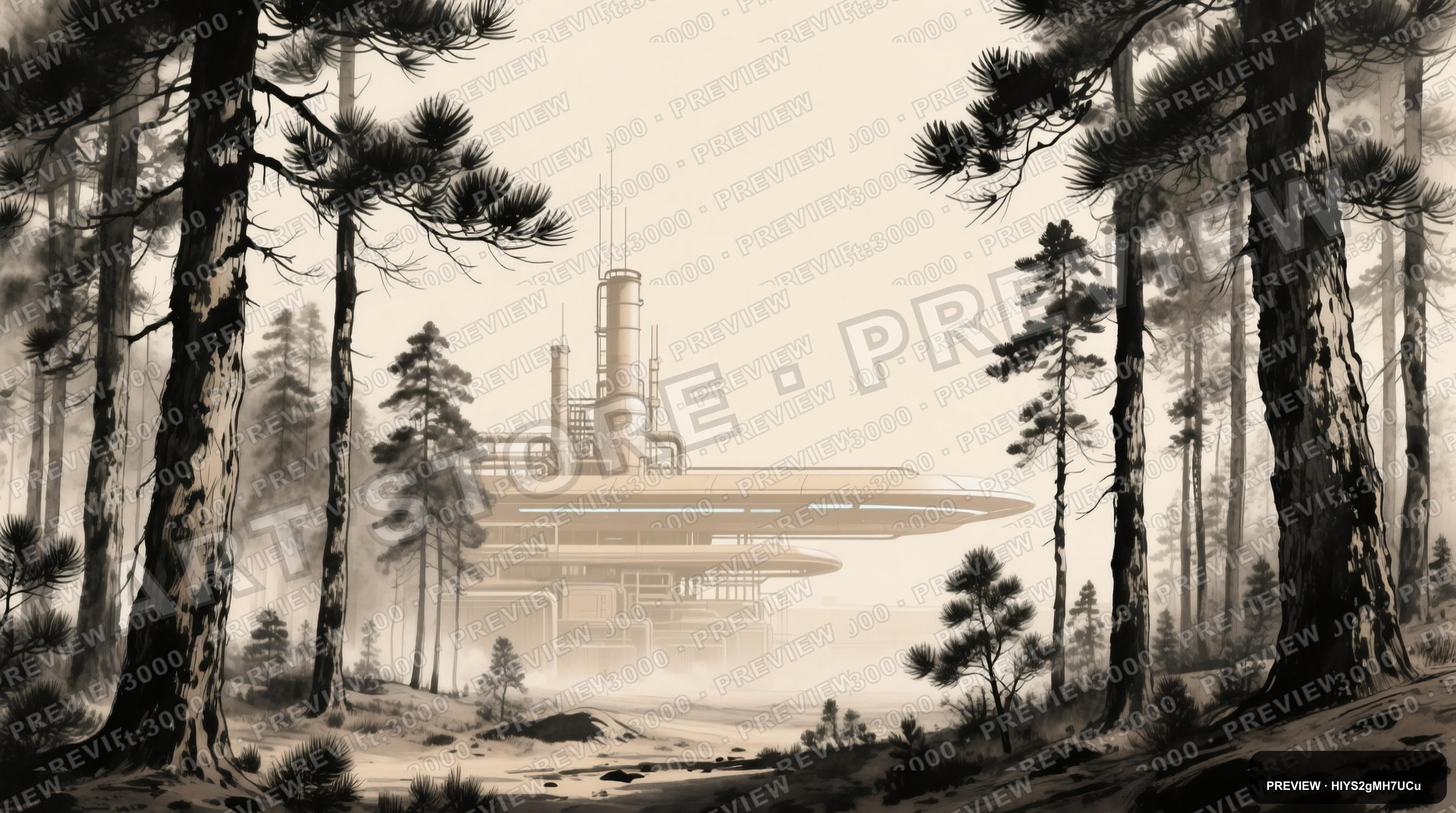 Pine Forest, Industrial aesthetic, Ink Wash, Minimal mood, Beige accents, Ret... — wallpaper — 3840×2144, Space, Cinematic, Minimal