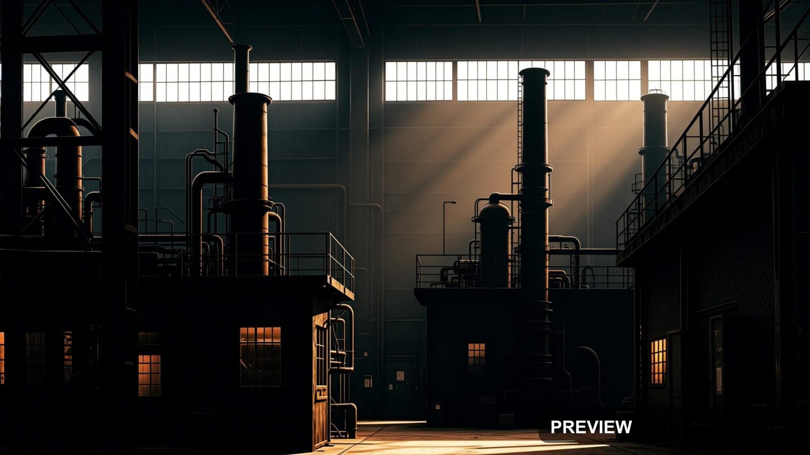 Industrial Factory, Cozy aesthetic, Travel Poster, Serene mood, Black accents... — wallpaper — 3840×2160, Space, Cinematic, Serene