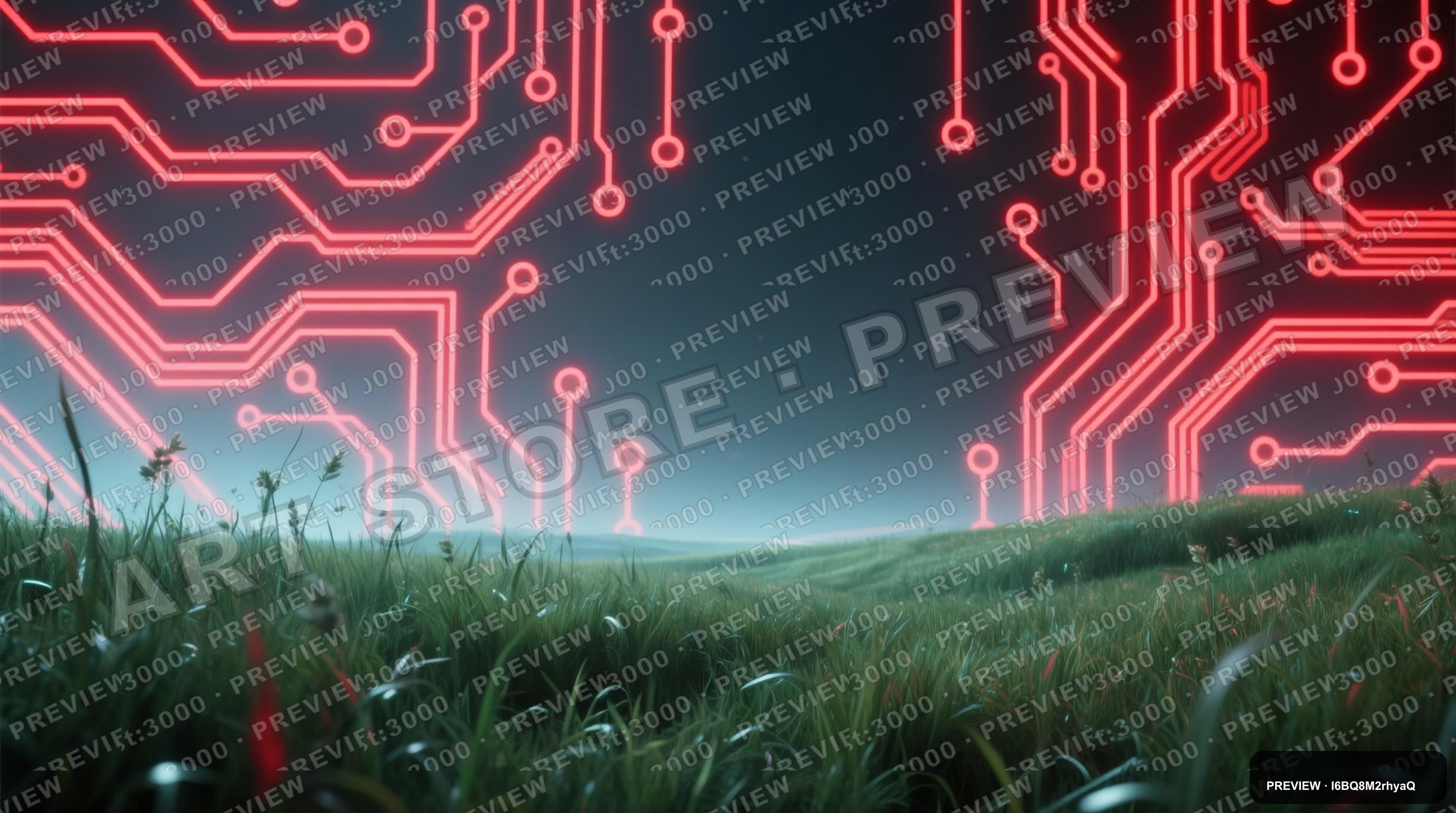 Meadow, Sci‑Fi aesthetic, VHS, Calm mood, Neon Red accents, Circuit Pattern p... — wallpaper — 3840×2144, Neon, Cinematic, Calm