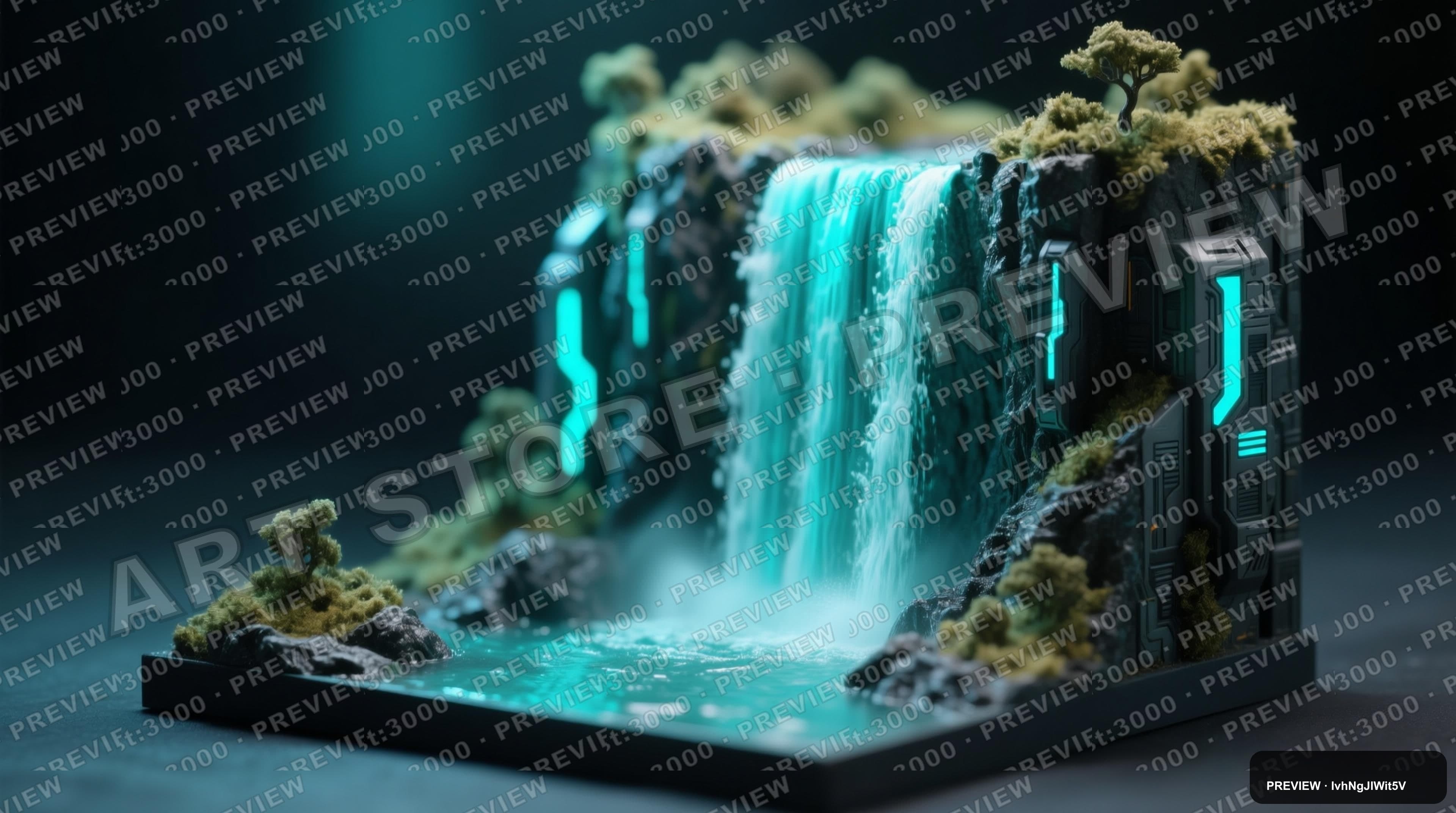 Waterfall, Sci‑Fi aesthetic, Miniature Diorama, Moody mood, Turquoise accents... — wallpaper — 3840×2144, Sci‑Fi, Cinematic, Moody