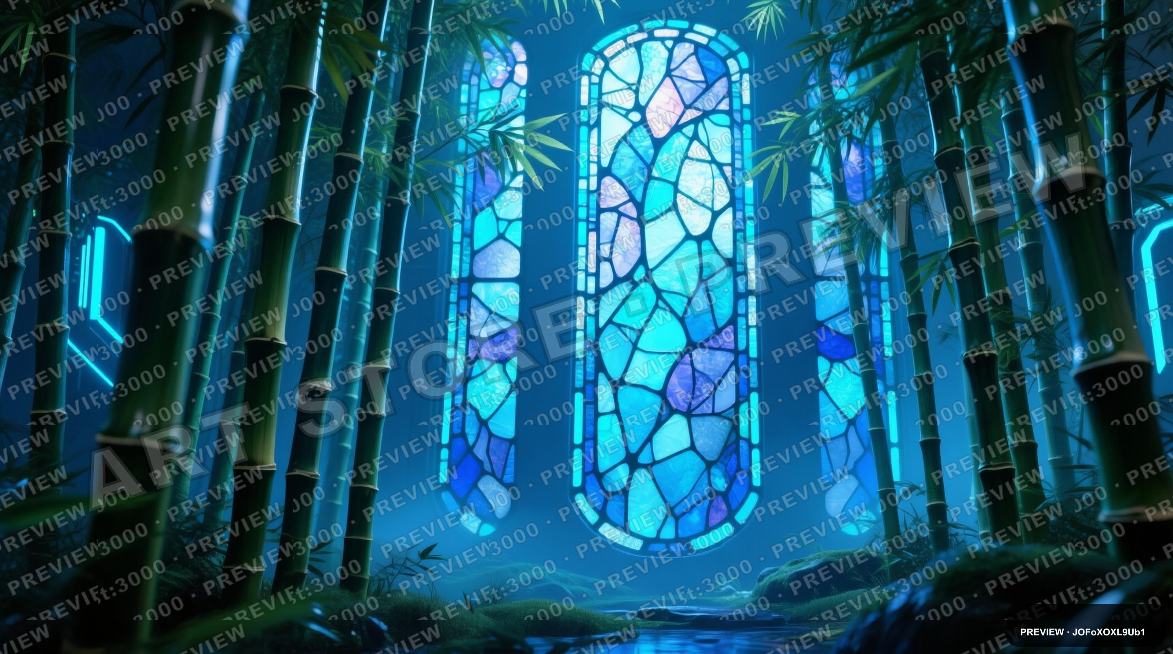 Bamboo Grove, Fantasy aesthetic, Stained Glass, Serene mood, Neon Blue accent... — wallpaper — 3840×2144, Neon, Cinematic, Serene