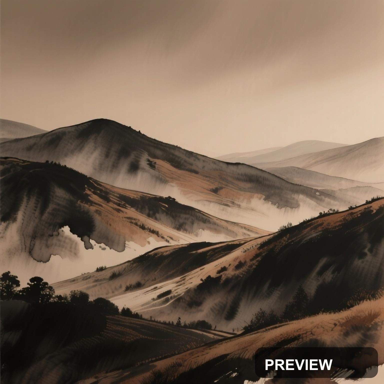 Hills, Chill aesthetic, Ink Wash, Mysterious mood, Earth Tones accents, high ... — wallpaper — 1536×1536, Space, Cinematic, Mysterious
