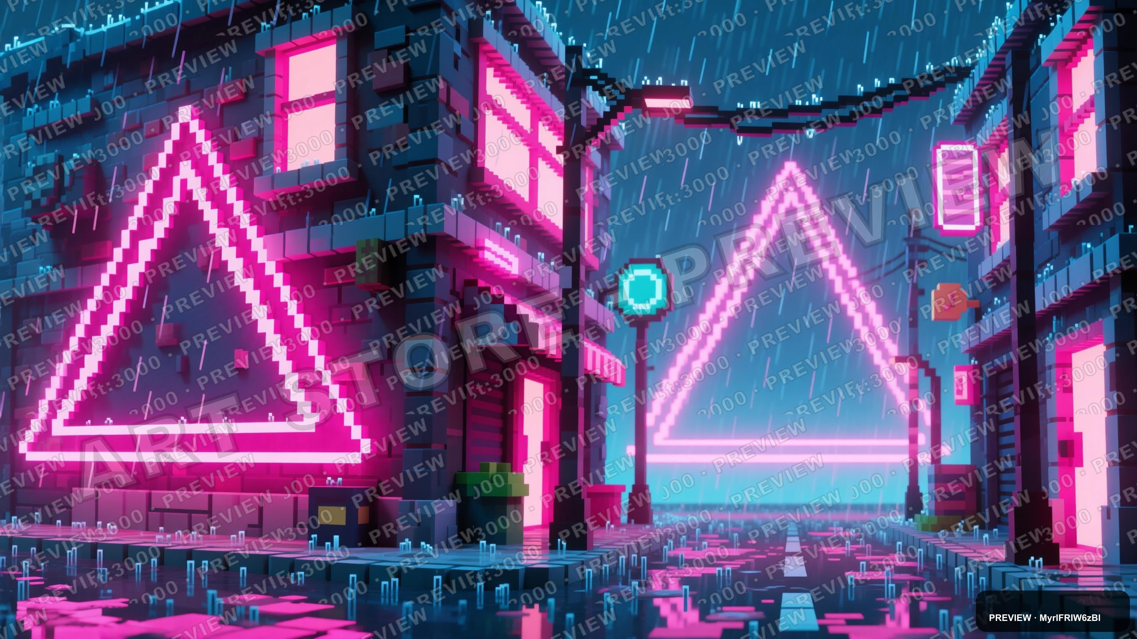 Rainy Street, Synthwave aesthetic, Voxel Art, Playful mood, Neon Magenta acce... — wallpaper — 3840×2160, Neon, Cinematic, Playful