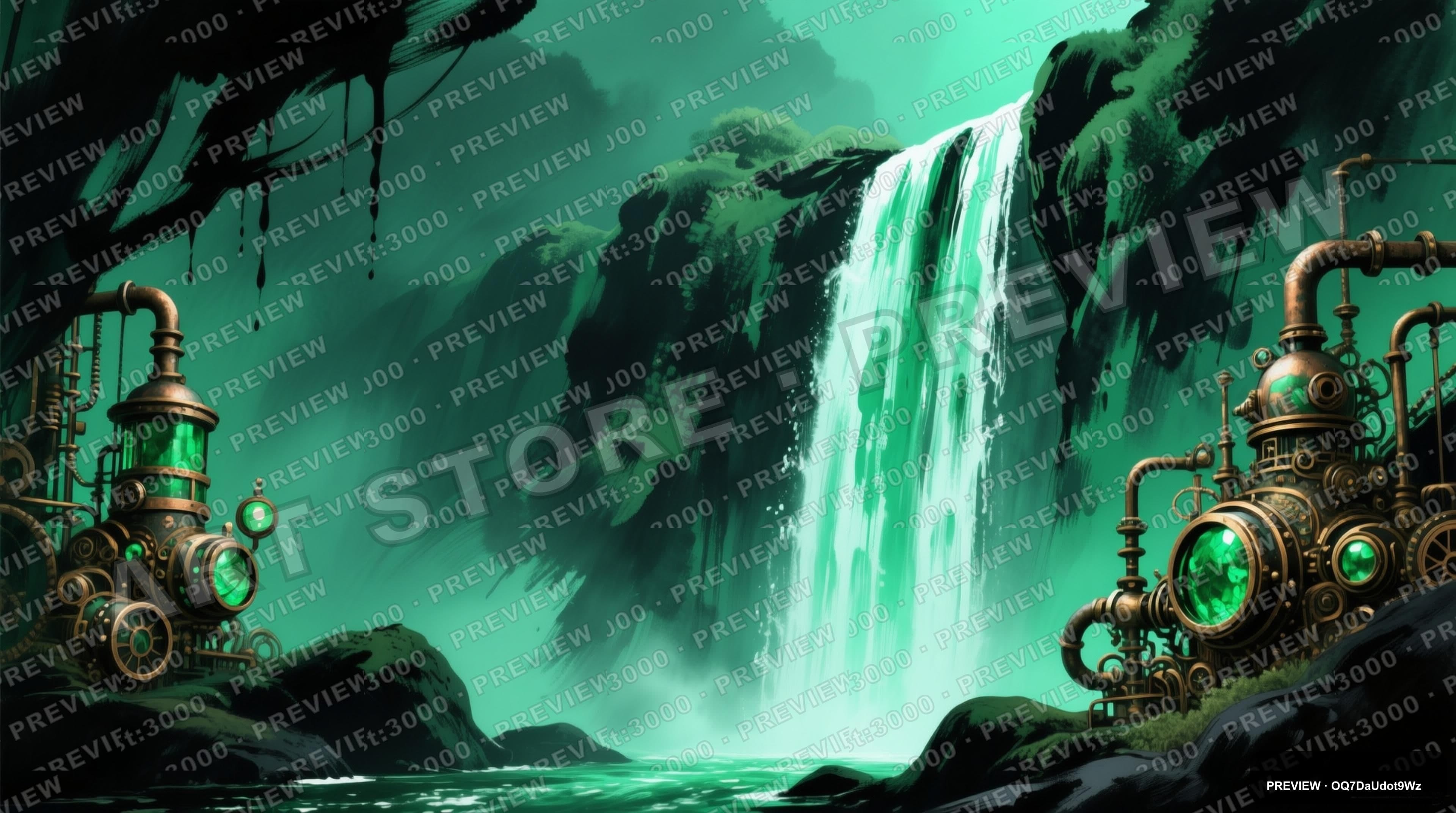 Waterfall, Steampunk aesthetic, Ink Wash, Bold mood, Emerald accents, high de... — wallpaper — 3840×2144, Space, Cinematic, Bold