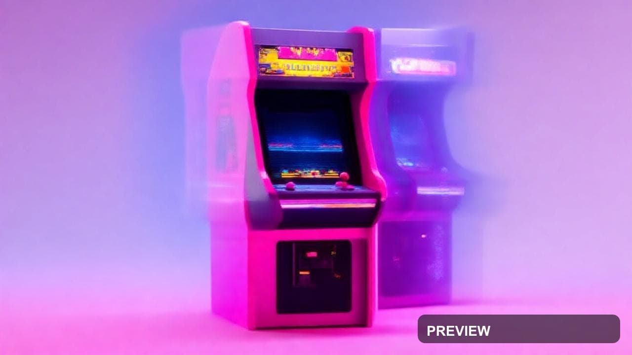 Arcade Cabinet, Bright aesthetic, Long Exposure, Playful mood, Pink accents, ... — wallpaper — 1280×720, Retro Arcade, Cinematic, Bright
