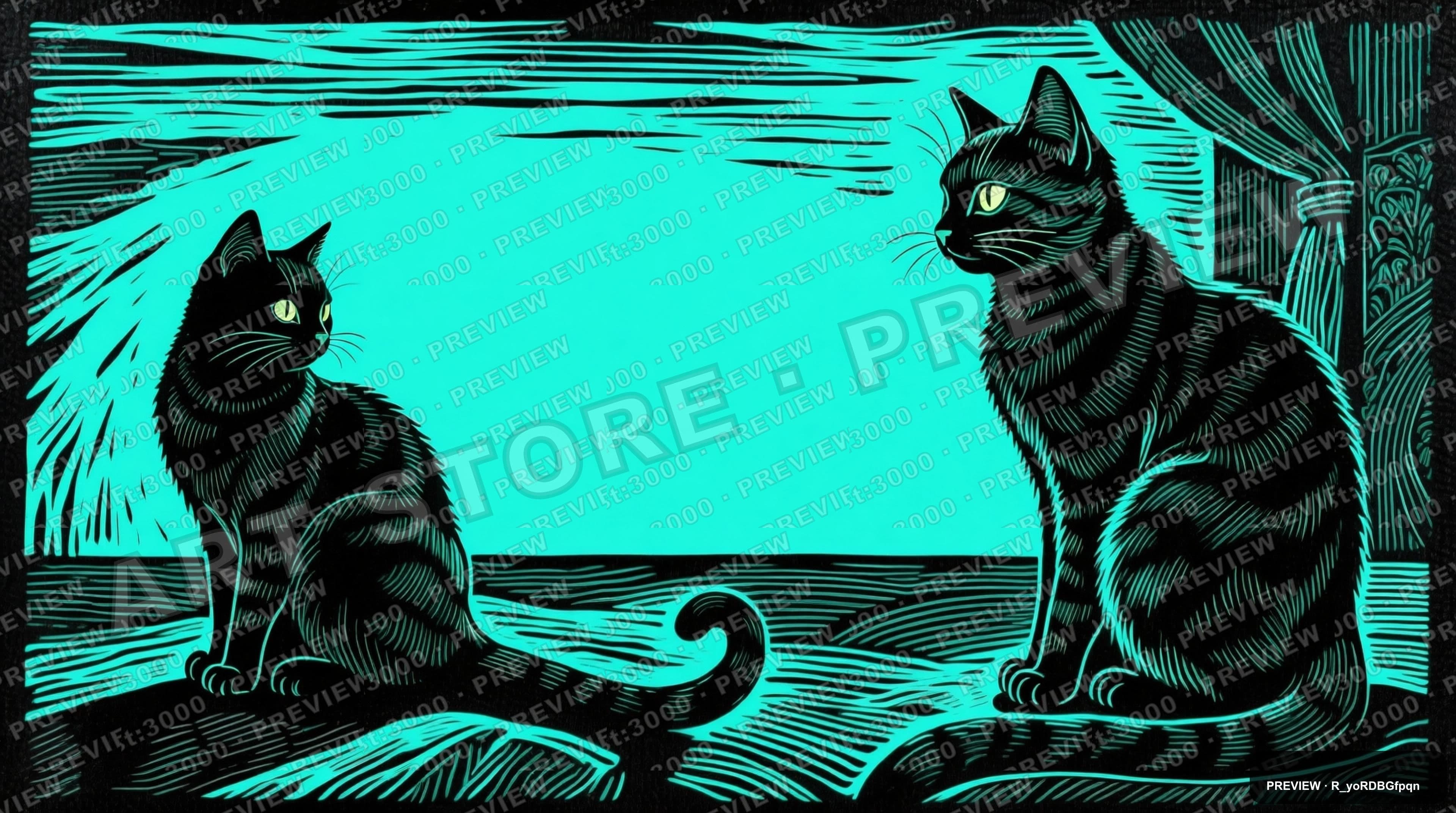 Cats, Mystic aesthetic, Woodcut, Luxurious mood, Neon Teal accents, high deta... — wallpaper — 3840×2144, Neon, Cinematic, Soft