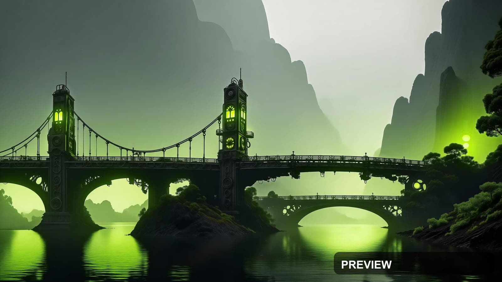 Bridge, Steampunk aesthetic, CRT, Meditative mood, Lime accents, high detail,... — wallpaper — 3840×2160, Space, Cinematic, Soft