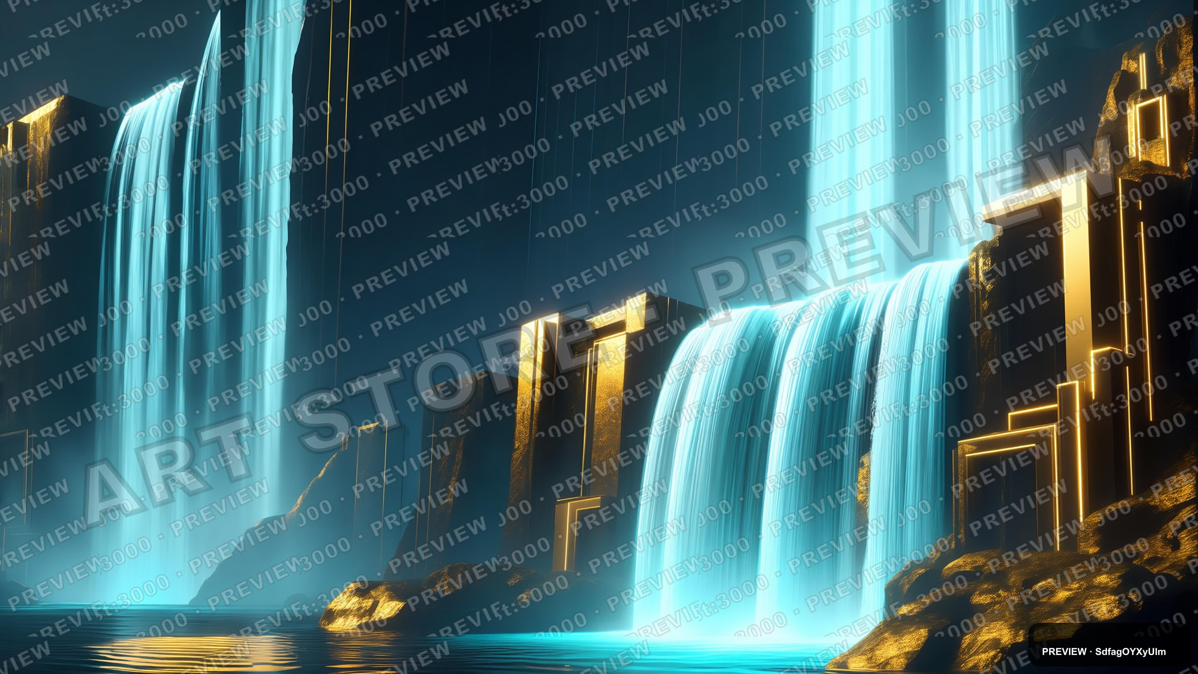 Waterfall, Synthwave aesthetic, Architectural Visualization, Calm mood, Gold ... — wallpaper — 3840×2160, Neon, Cinematic, Calm