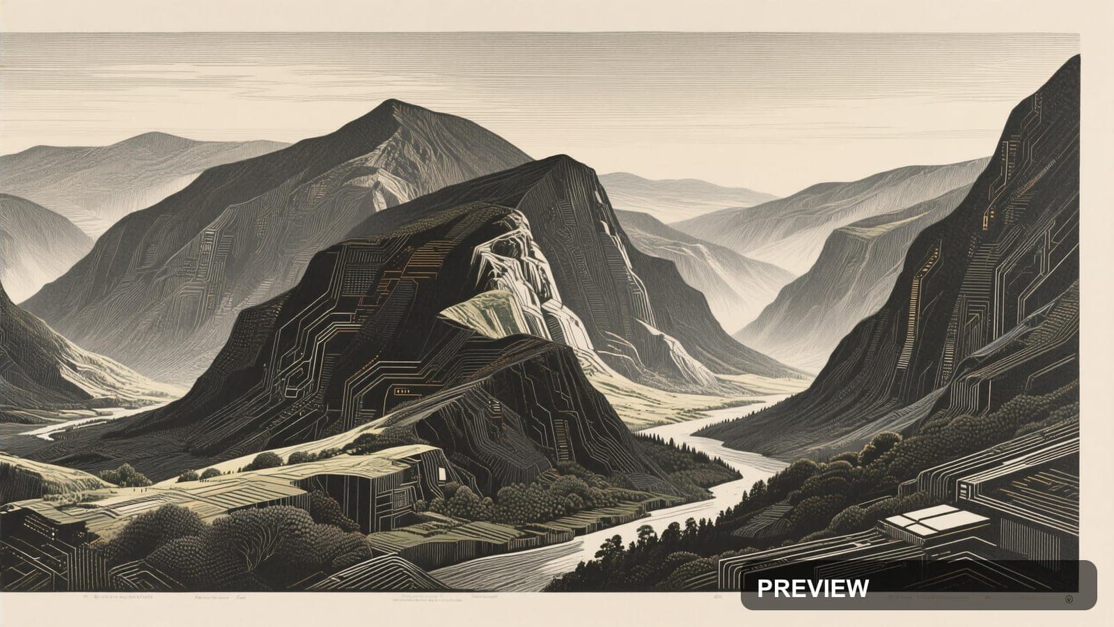 Valley, Tech aesthetic, Lithograph, Bold mood, Muted accents, high detail, ul... — wallpaper — 3840×2160, Space, Cinematic, Bold