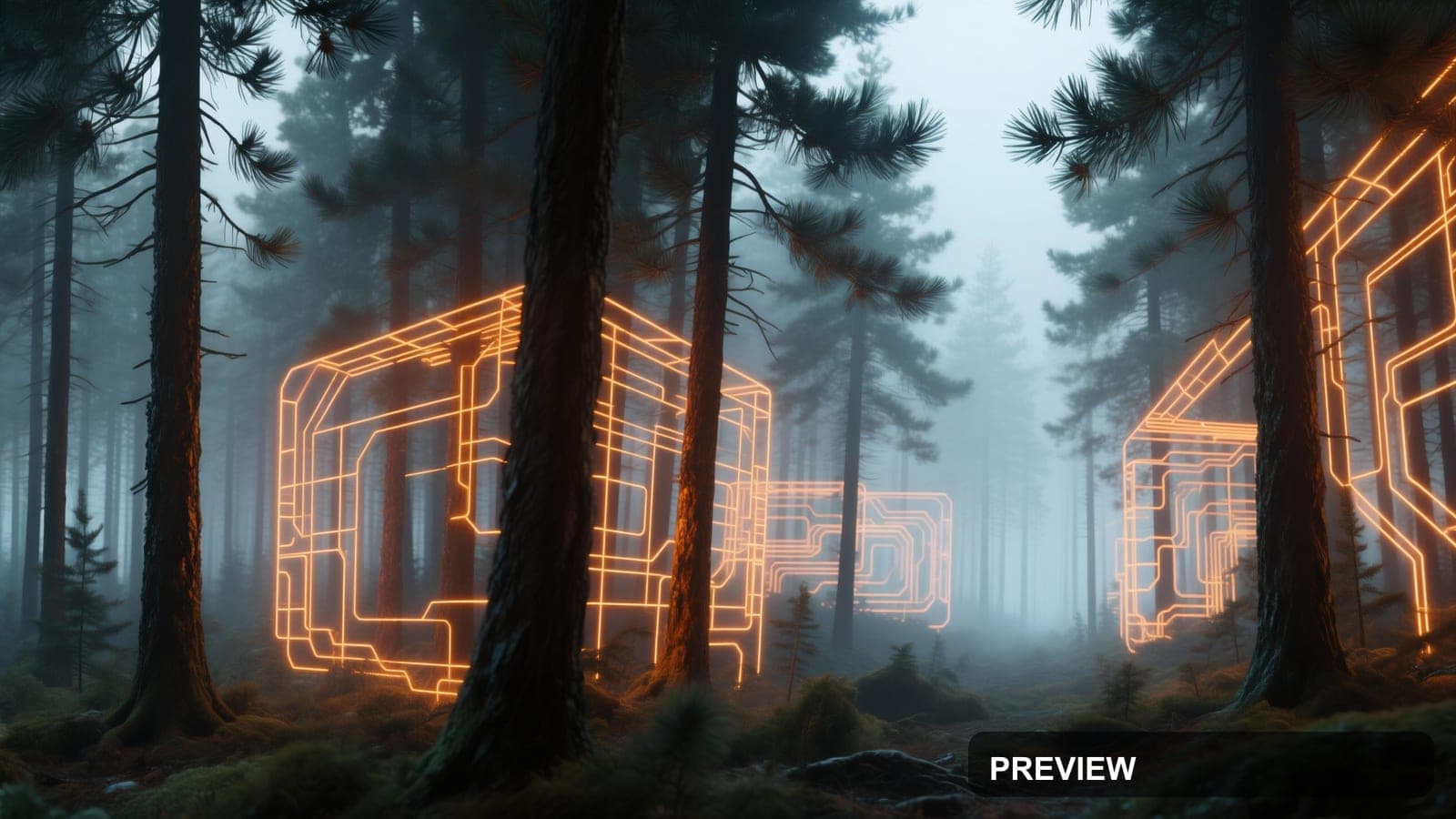 Pine Forest, Dreamcore aesthetic, Spray Paint, Futuristic mood, Amber accents... — wallpaper — 3840×2160, Neon, Cinematic, Soft