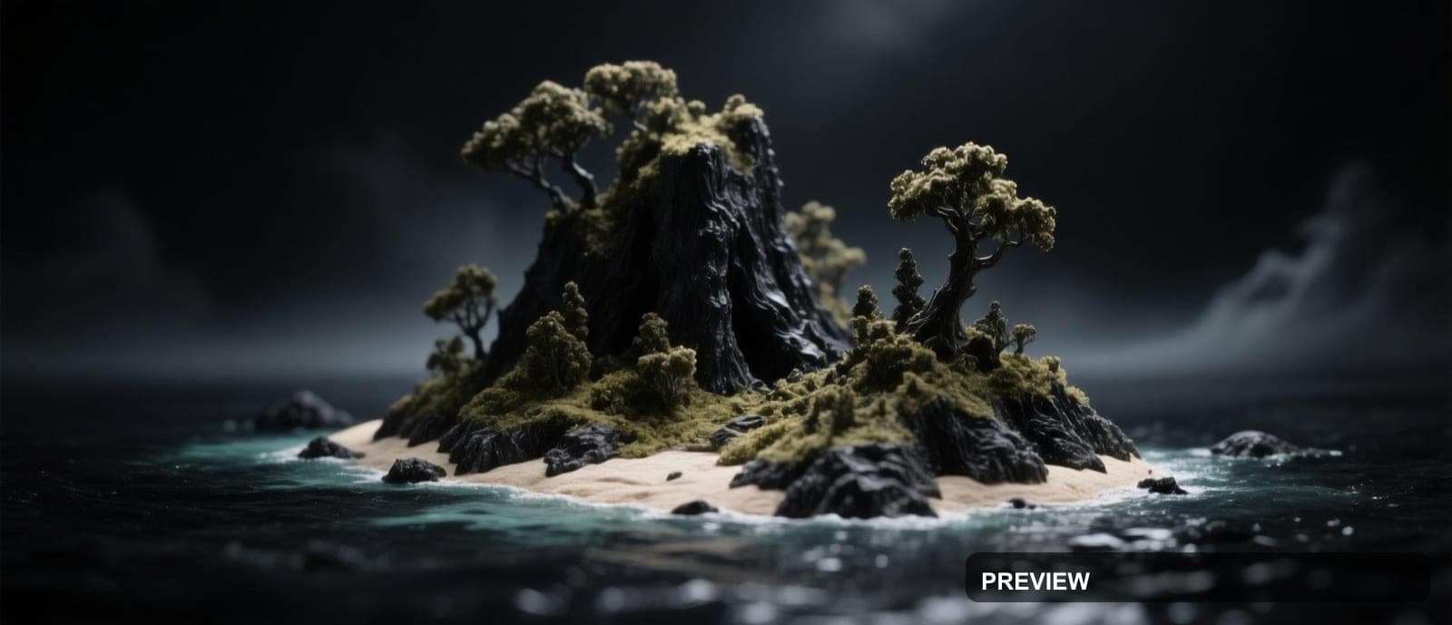 Island, Epic aesthetic, Miniature Diorama, Mysterious mood, Black accents, hi... — wallpaper — 2528×1088, Space, Cinematic, Mysterious