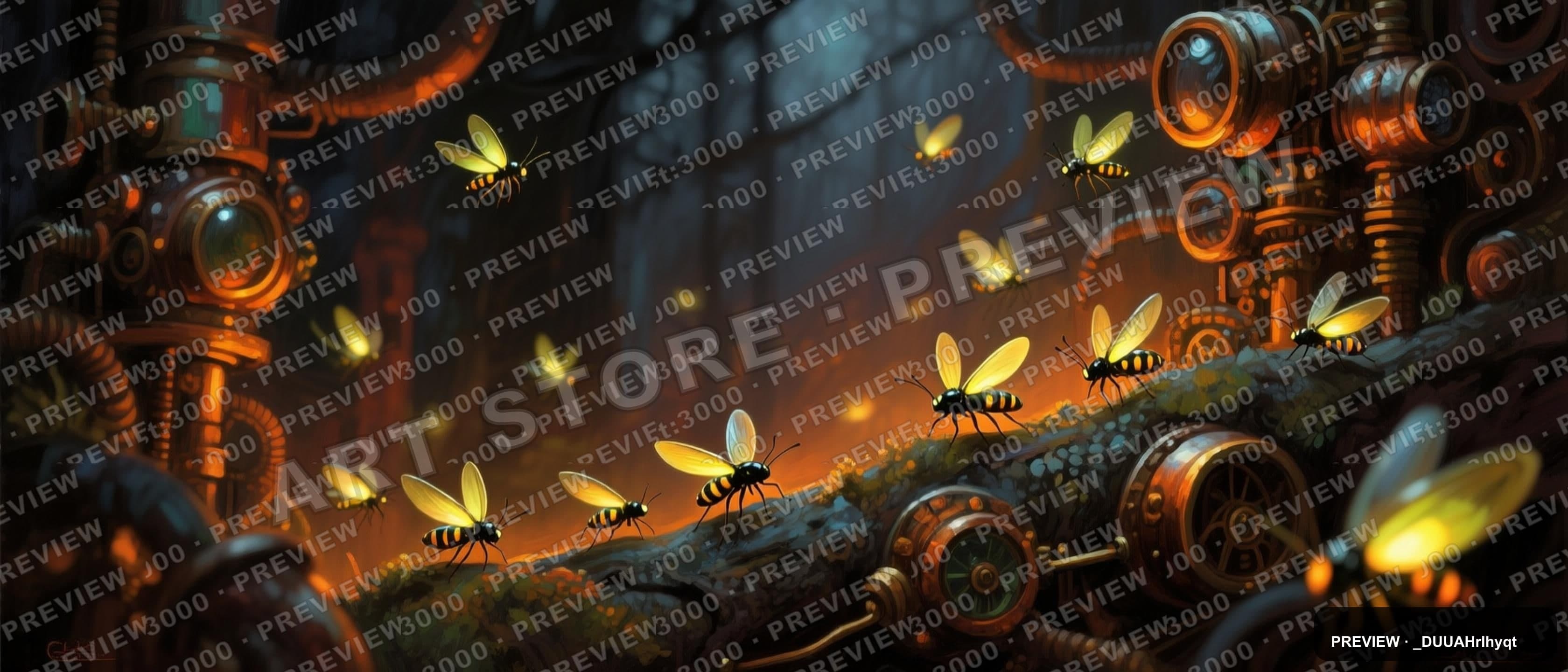 Fireflies, Steampunk aesthetic, Acrylic Painting, Moody mood, Warm Palette ac... — wallpaper — 3360×1440, Space, Cinematic, Moody