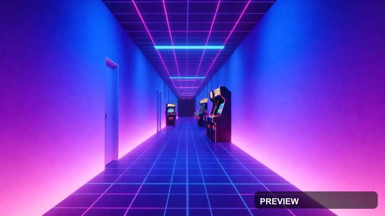 Arcade Hallway, Vaporwave aesthetic, Gradient, Calm mood, Vibrant accents, Gr... — wallpaper — 1280×720, Retro Arcade, Cinematic, Calm