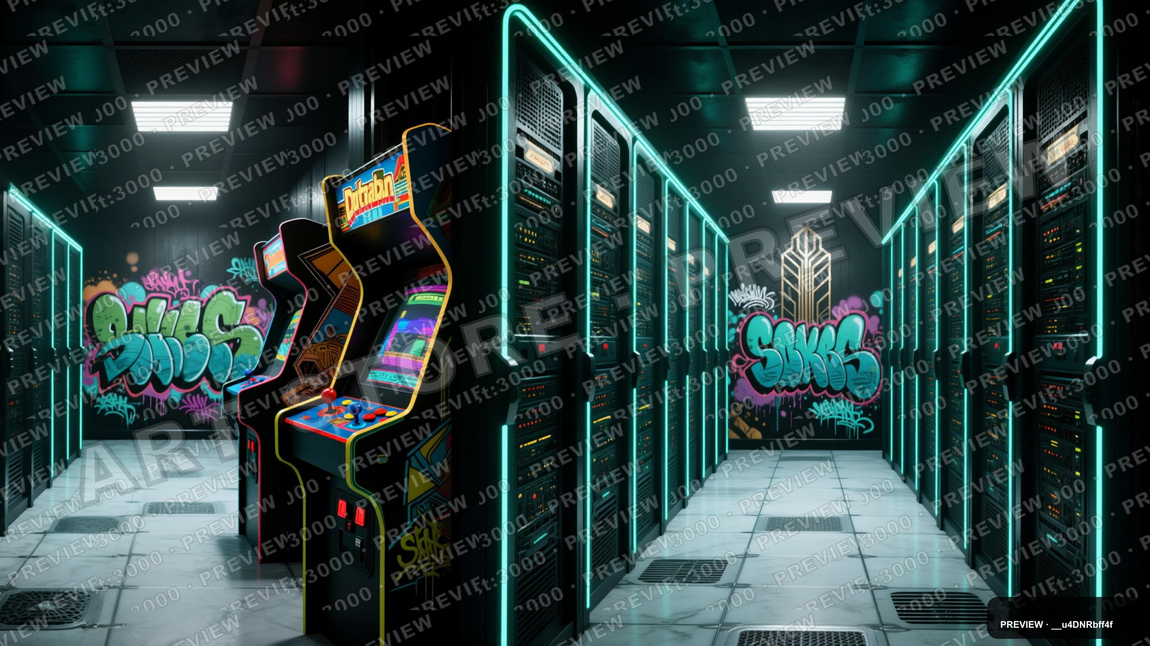 Server Room, Retro Arcade aesthetic, Street Art, Dark mood, Monochrome accent... — wallpaper — 3840×2160, Neon, Cinematic, Dark