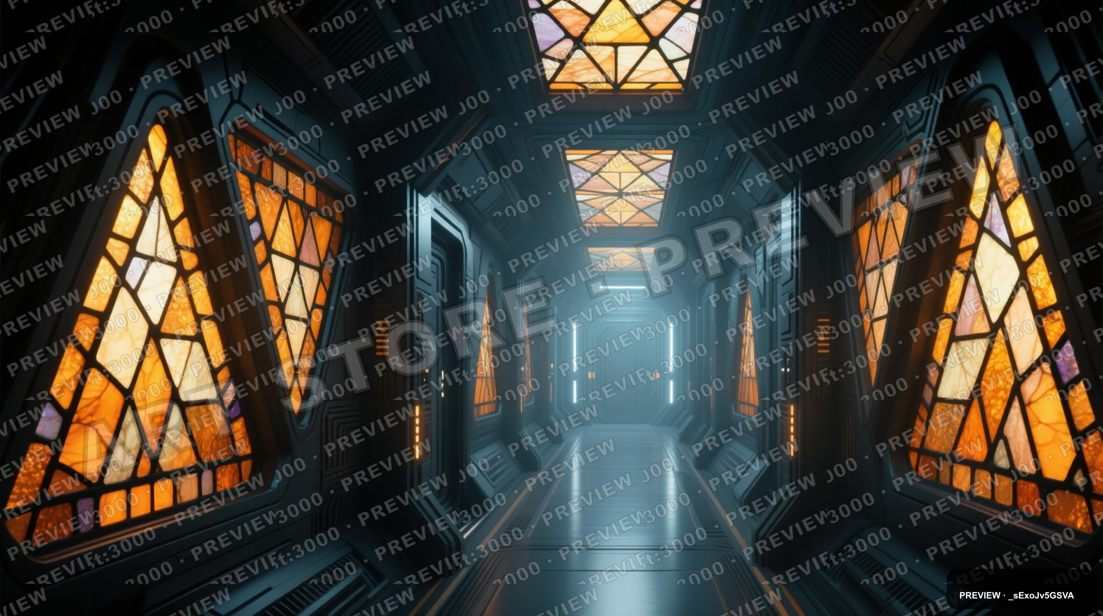 Sci‑Fi Corridor, Chill aesthetic, Stained Glass, Calm mood, Amber accents, Tr... — wallpaper — 3840×2144, Sci‑Fi, Cinematic, Calm