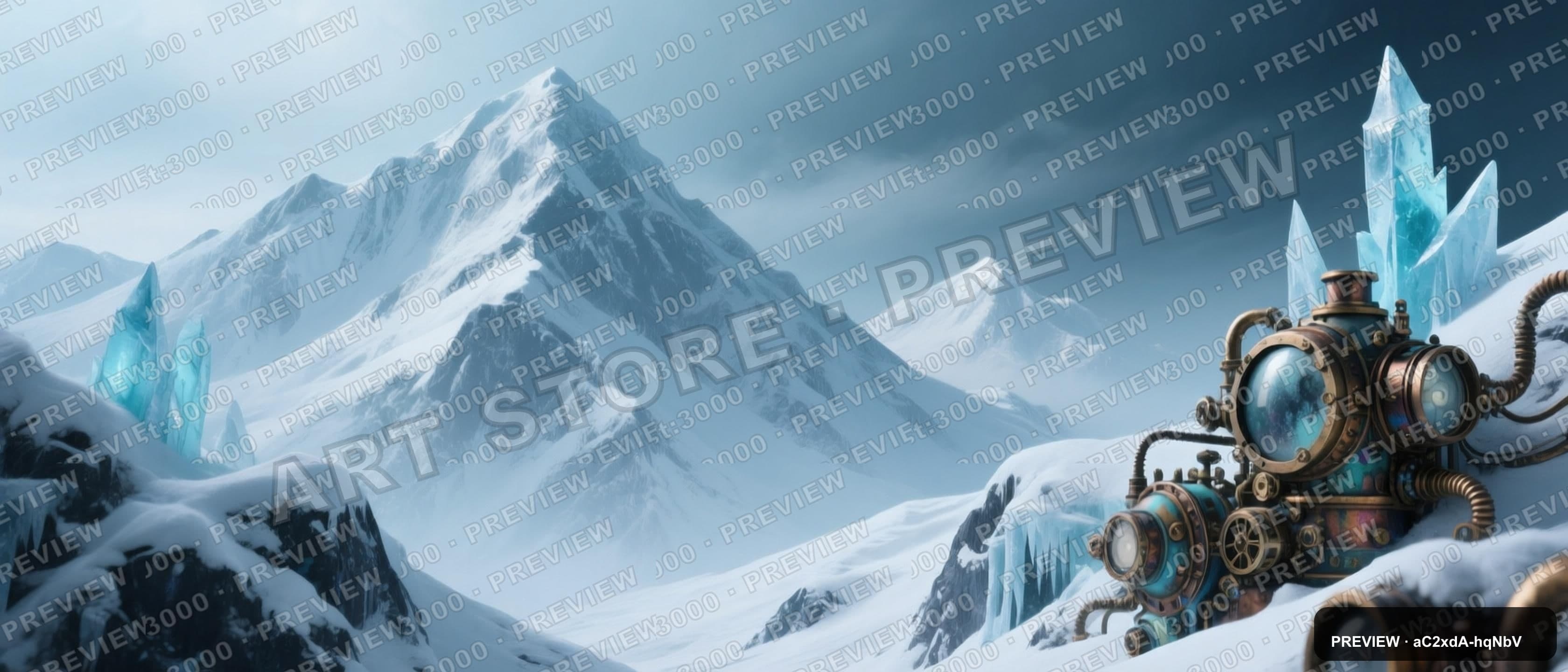 Snowy Peaks, Steampunk aesthetic, Spray Paint, Mysterious mood, Ice Tones acc... — wallpaper — 3360×1440, Space, Cinematic, Mysterious