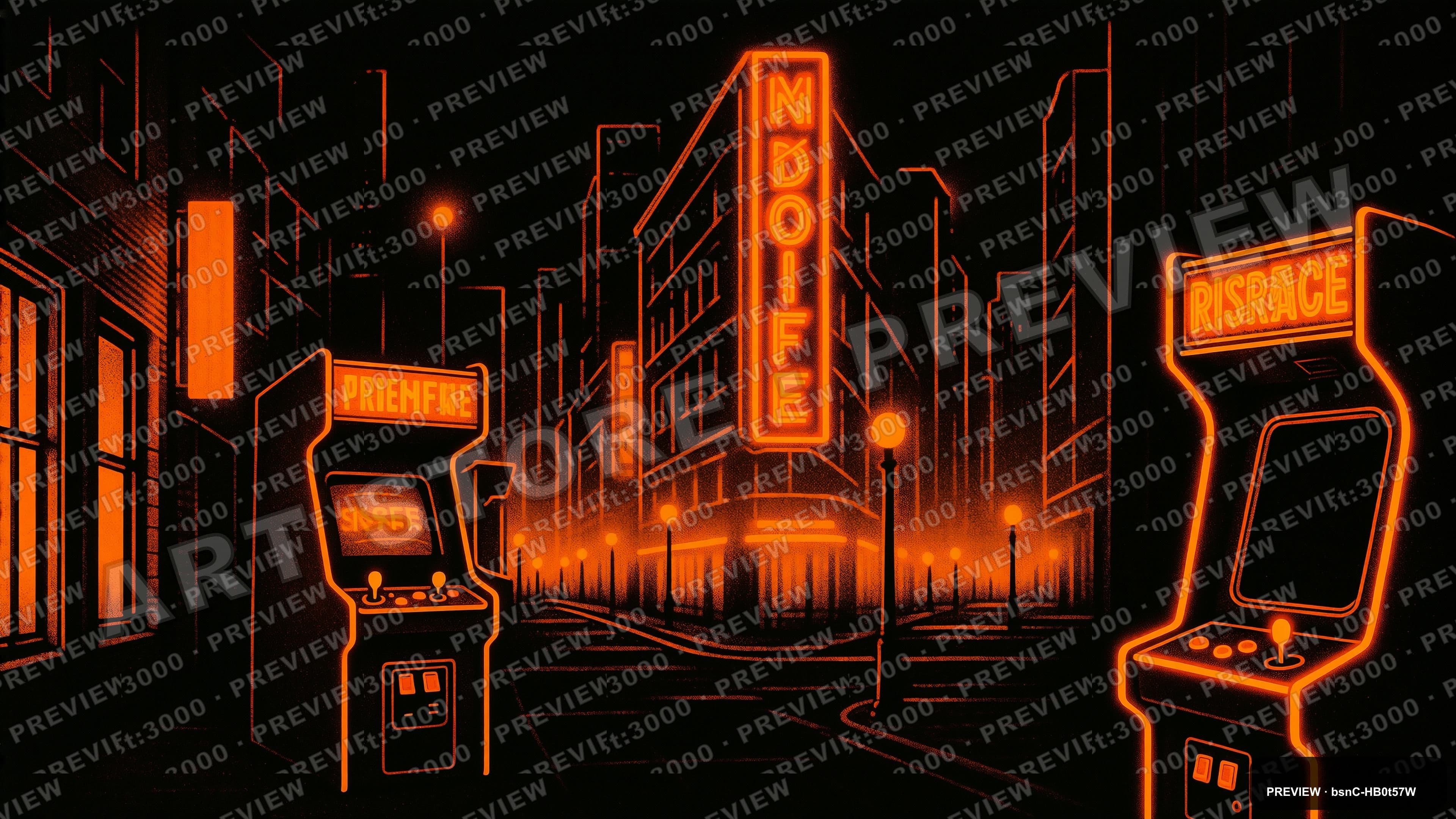 Downtown, Retro Arcade aesthetic, Risograph, Dreamy mood, Neon Orange accents... — wallpaper — 3840×2160, Neon, Cinematic, Dreamy