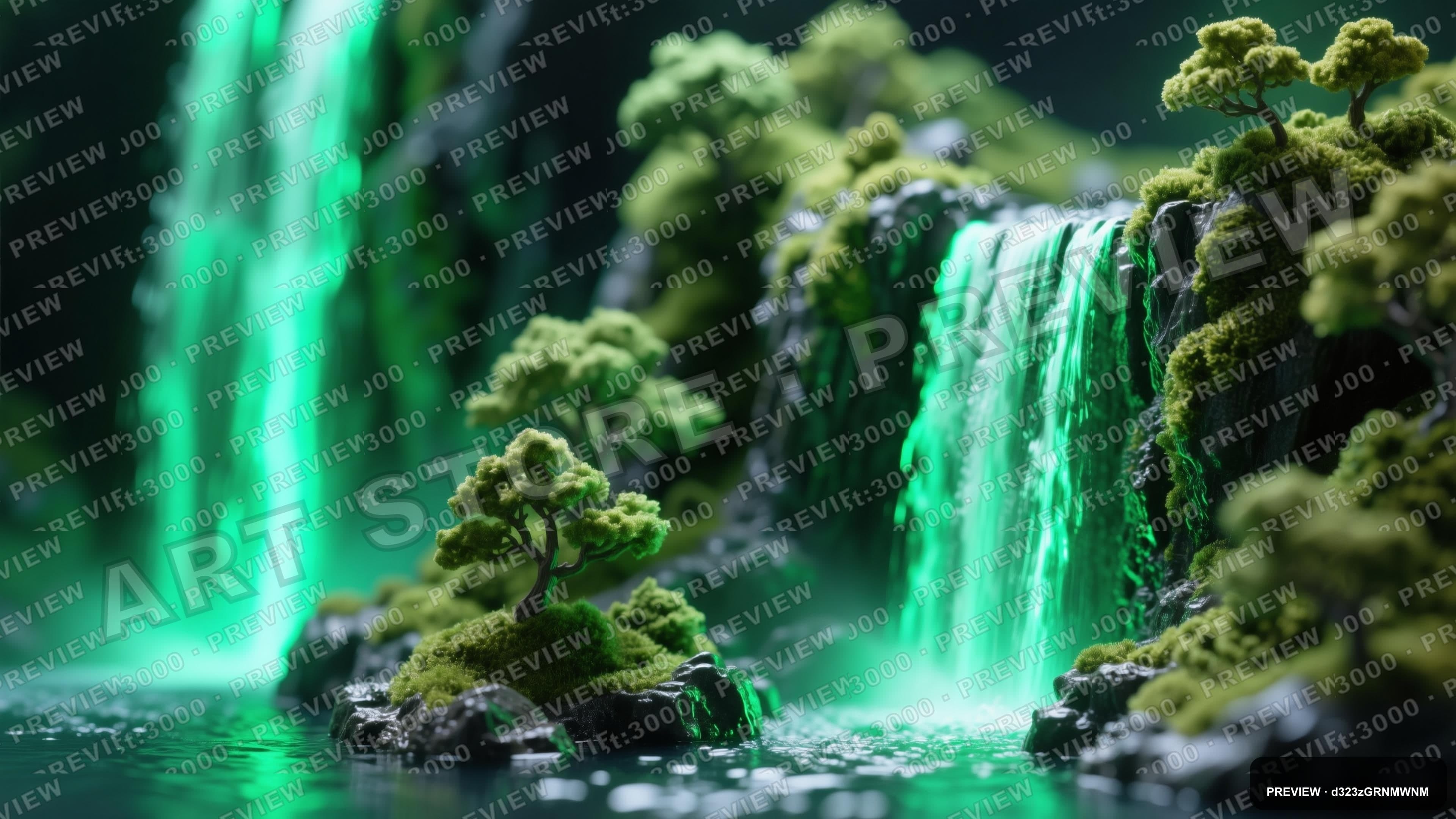 Waterfall, Luxury aesthetic, Miniature Diorama, Meditative mood, Neon Green a... — wallpaper — 3840×2160, Neon, Cinematic, Meditative