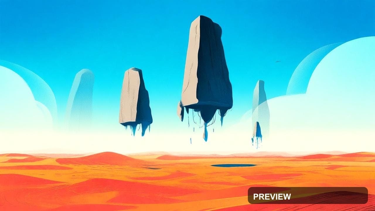 a surreal desert with floating monoliths, stylized illustration, clean shapes... — wallpaper — 1280×720, Naturecore, Stylized Illustration, Bold