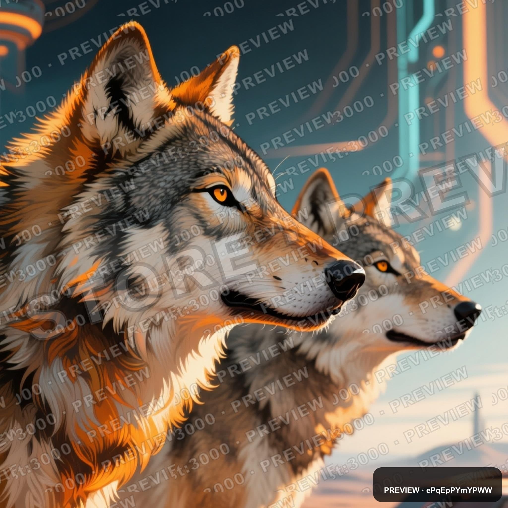 Wolves, Retro Futurism aesthetic, Airbrush, Playful mood, Amber accents, high... — wallpaper — 2048×2048, Space, Cinematic, Soft