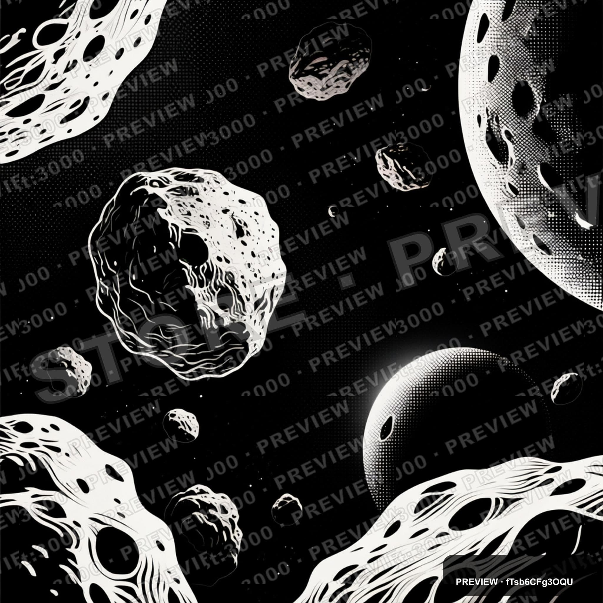 Asteroids, Surreal aesthetic, Dithered, Moody mood, Black accents, high detai... — wallpaper — 2048×2048, Space, Cinematic, Moody