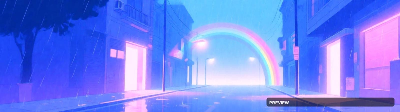 Rainy Street, Vaporwave aesthetic, Stylized Illustration, Serene mood, Rainbo... — wallpaper — 1920×540, Vaporwave, Cinematic, Serene